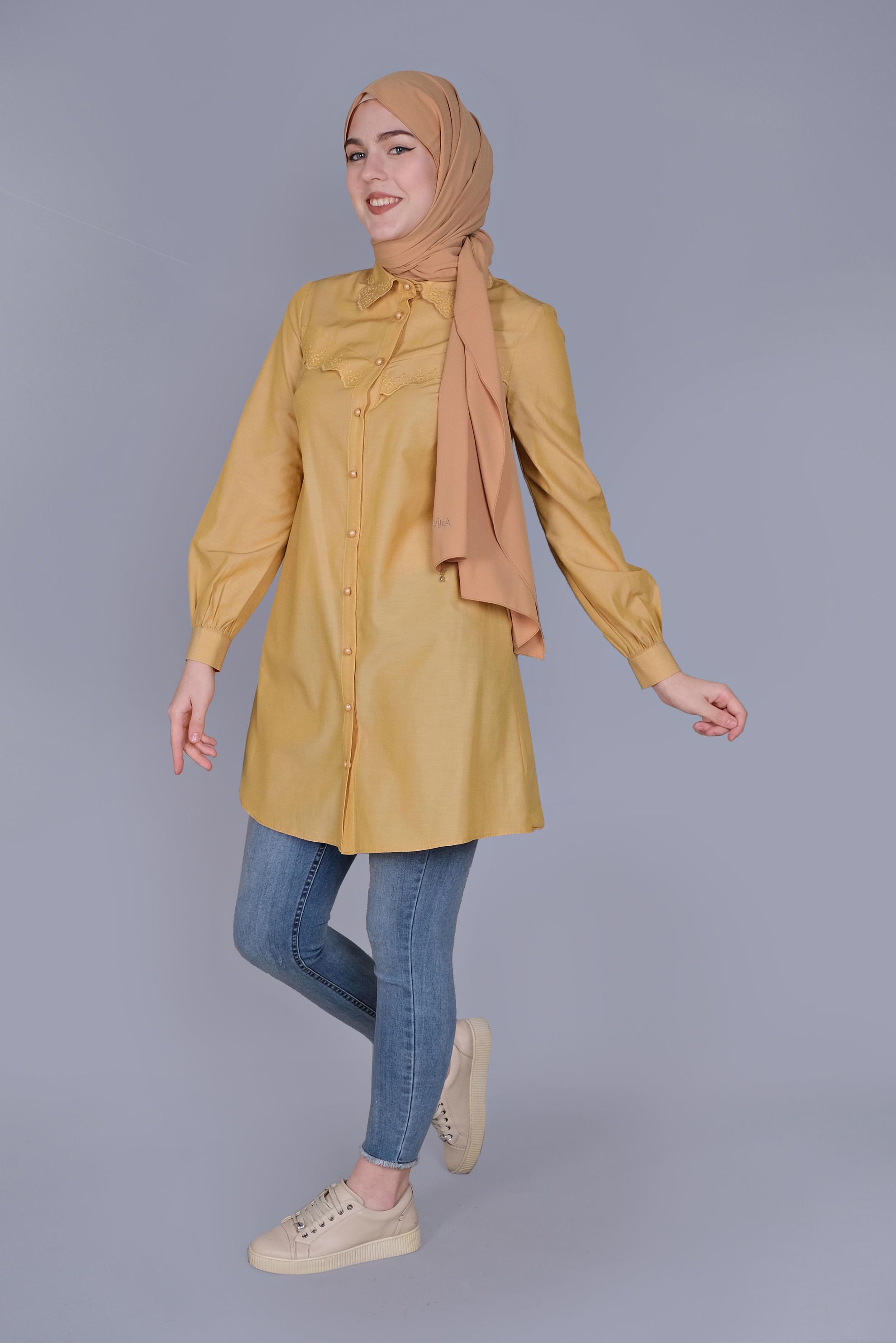 Tesettür giyim SARI PAMUKLU  BOYDAN DÜĞMELİ TUNİK 41640