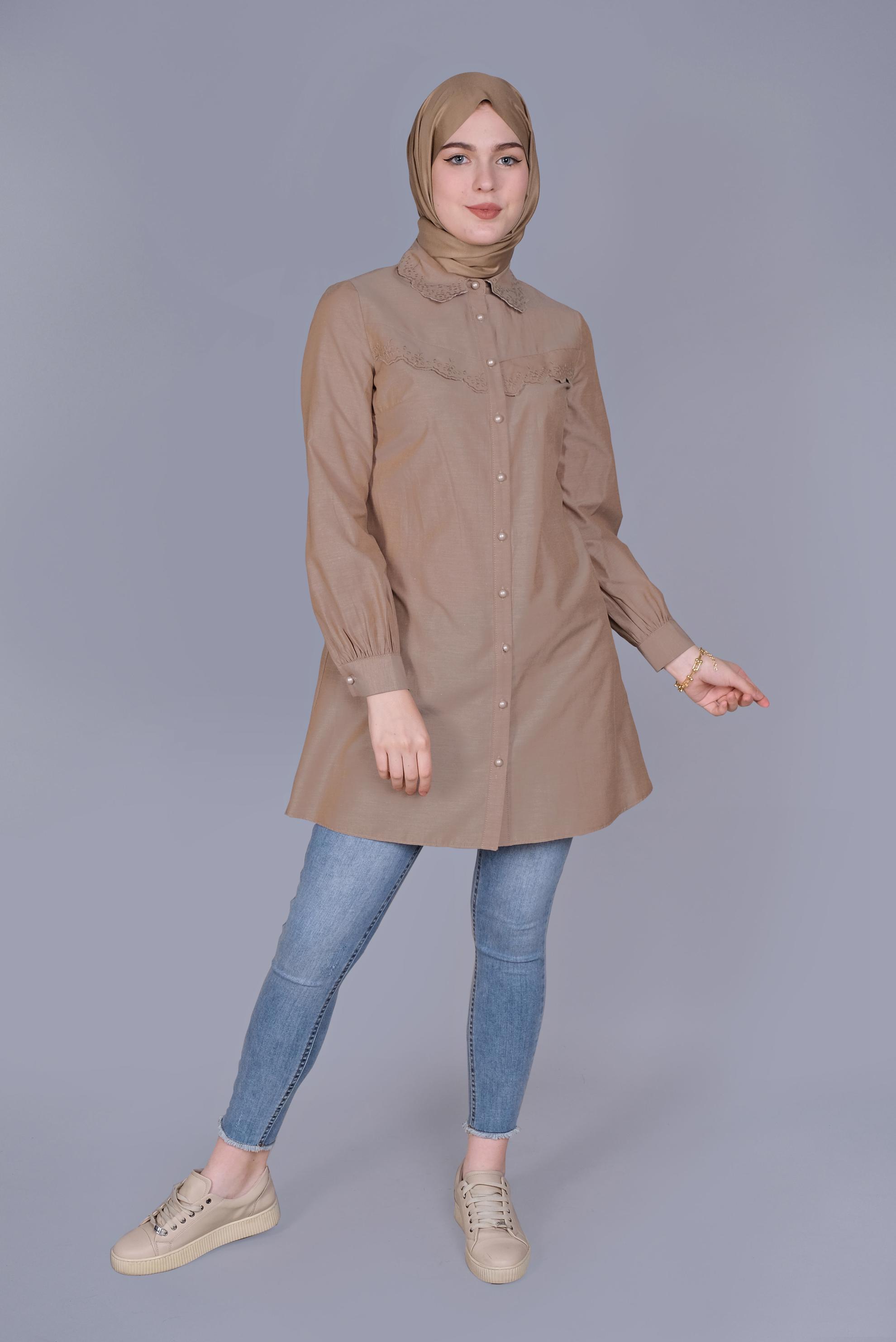 Tesettür giyim BAKIR / BRONZ PAMUKLU  BOYDAN DÜĞMELİ TUNİK 41640