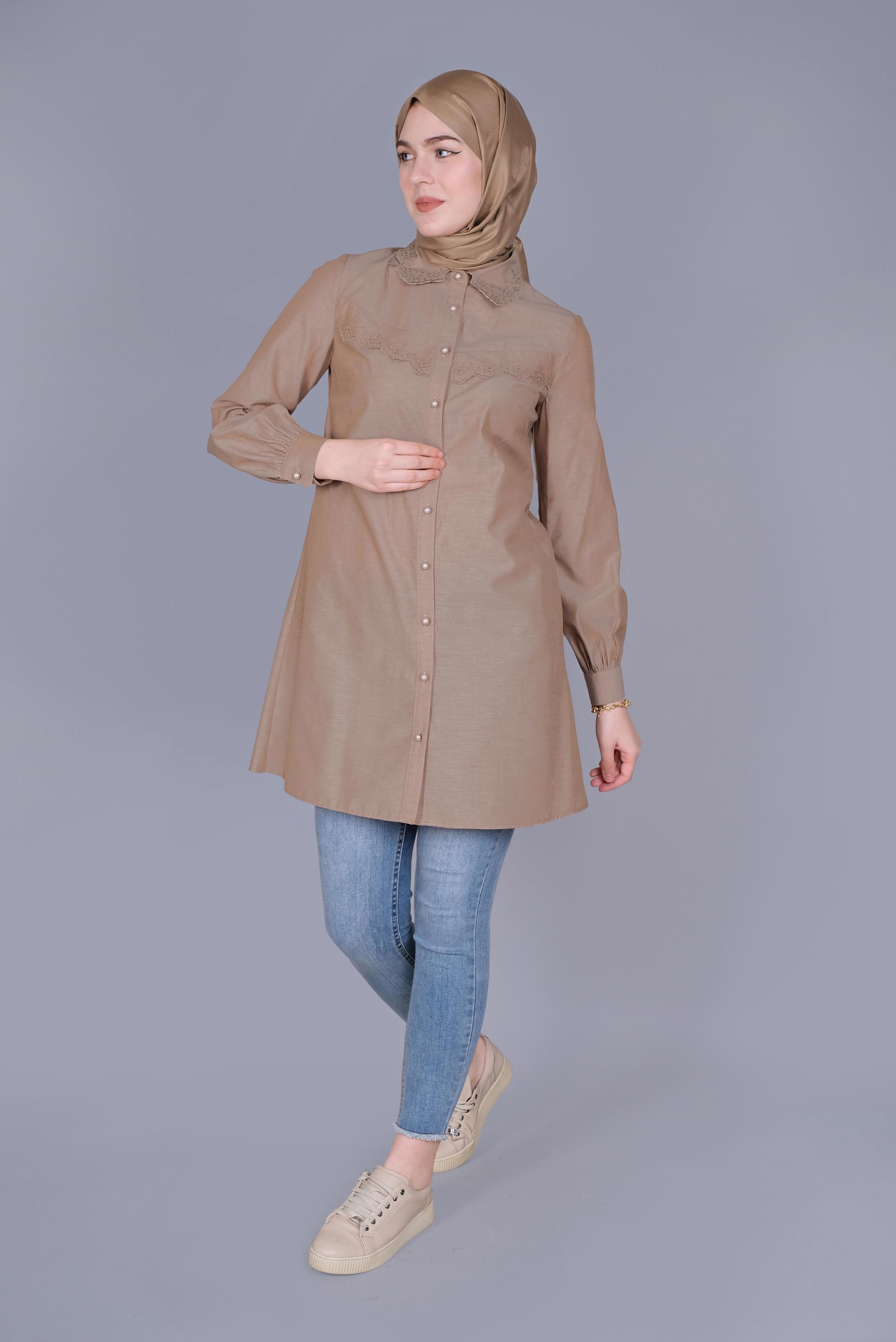 Tesettür giyim BAKIR / BRONZ PAMUKLU  BOYDAN DÜĞMELİ TUNİK 41640