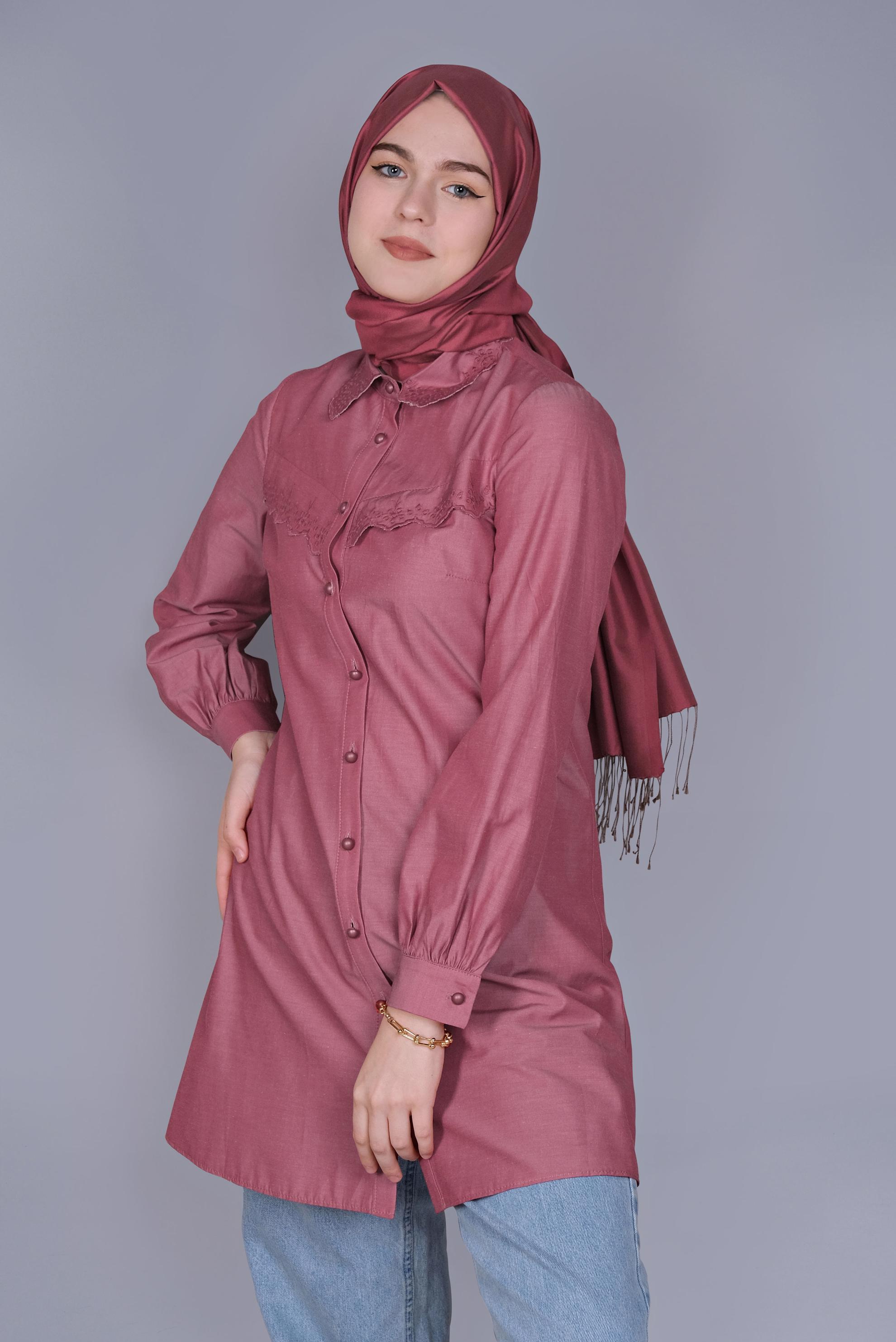 Tesettür giyim BORDO PAMUKLU  BOYDAN DÜĞMELİ TUNİK 41640