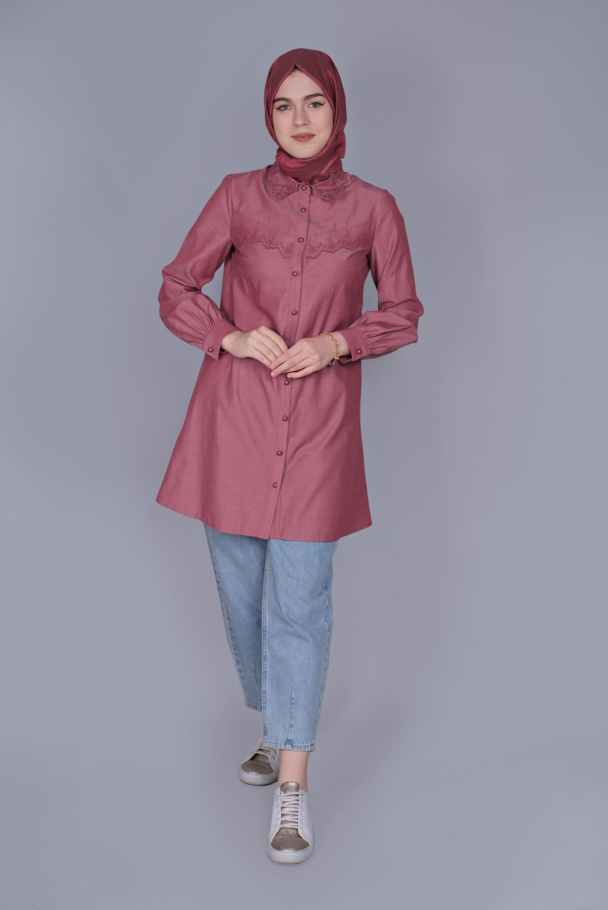 Tesettür giyim BORDO PAMUKLU  BOYDAN DÜĞMELİ TUNİK 41640
