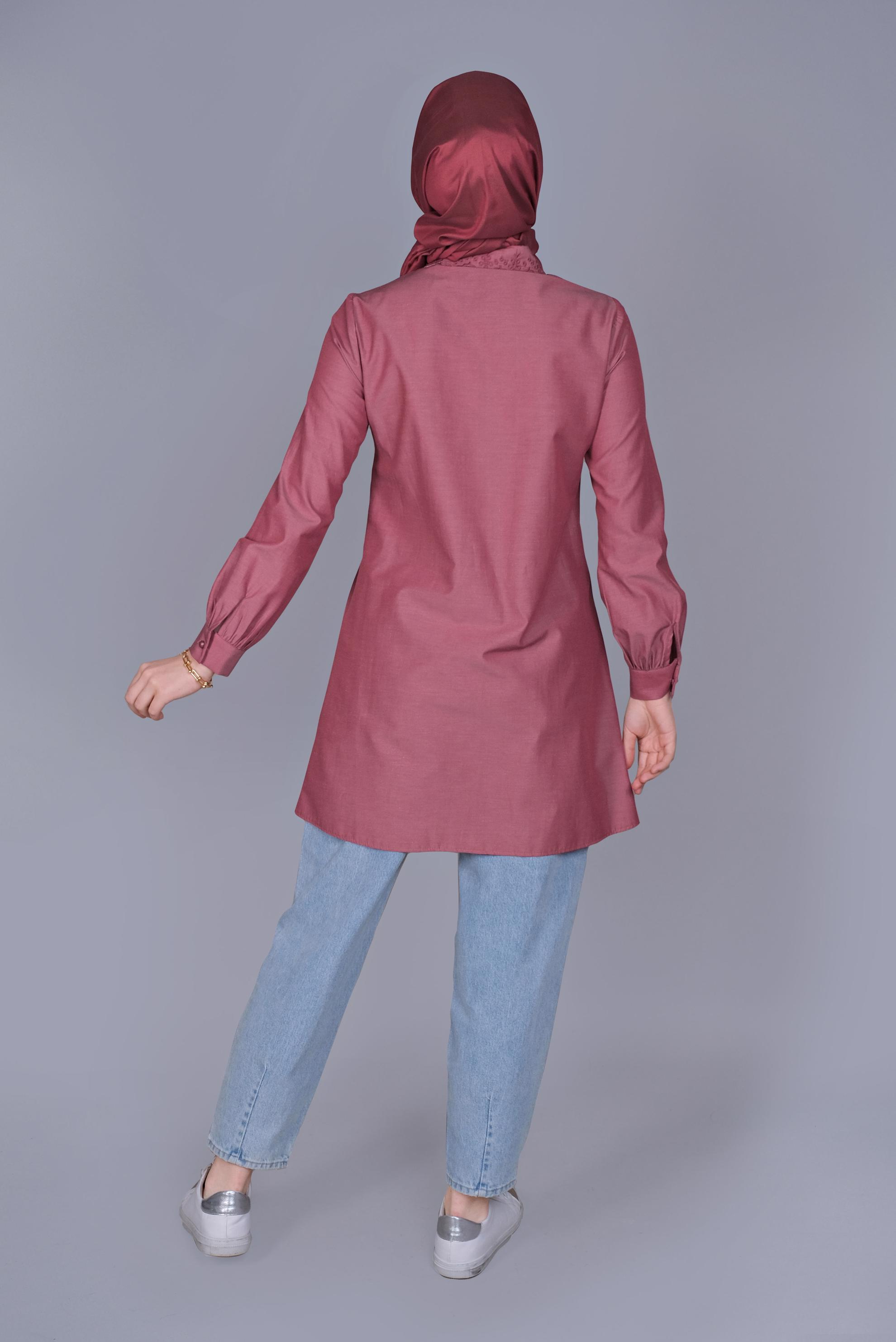 Tesettür giyim BORDO PAMUKLU  BOYDAN DÜĞMELİ TUNİK 41640