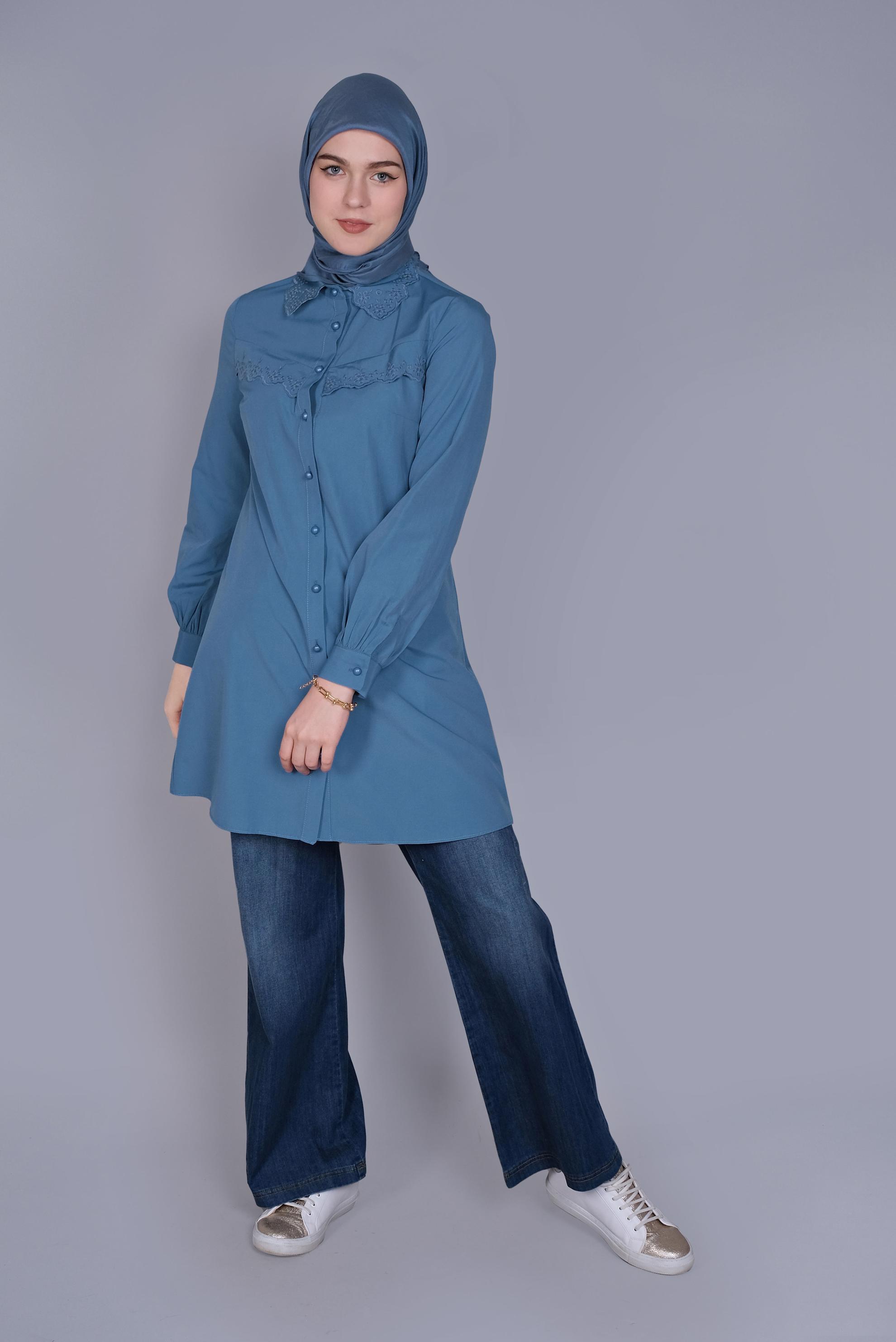 Tesettür giyim LACİVERT PAMUKLU  BOYDAN DÜĞMELİ TUNİK 41640