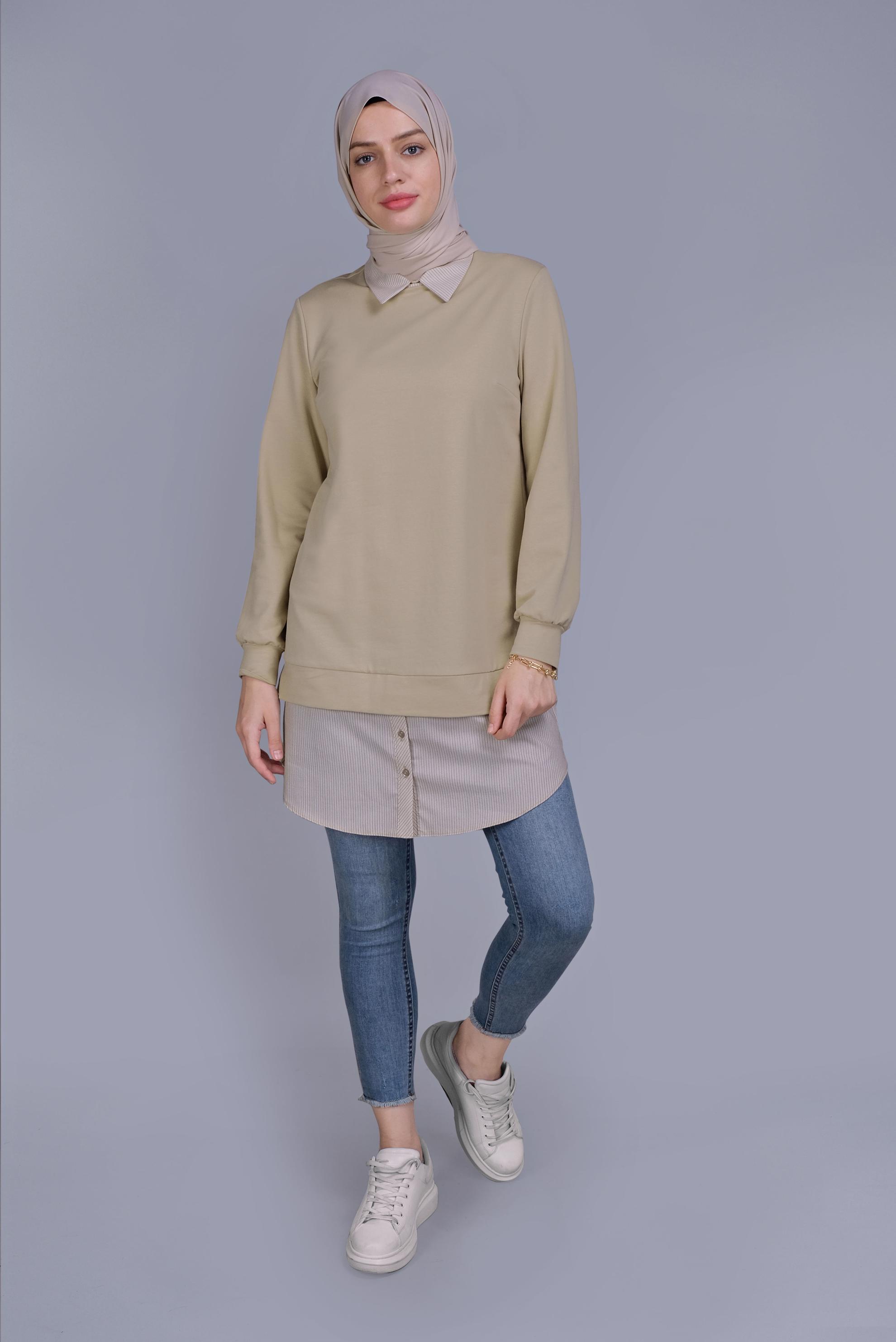 Tesettür giyim BEJ PAMUKLU İKİ PARÇALI TUNİK 41654 