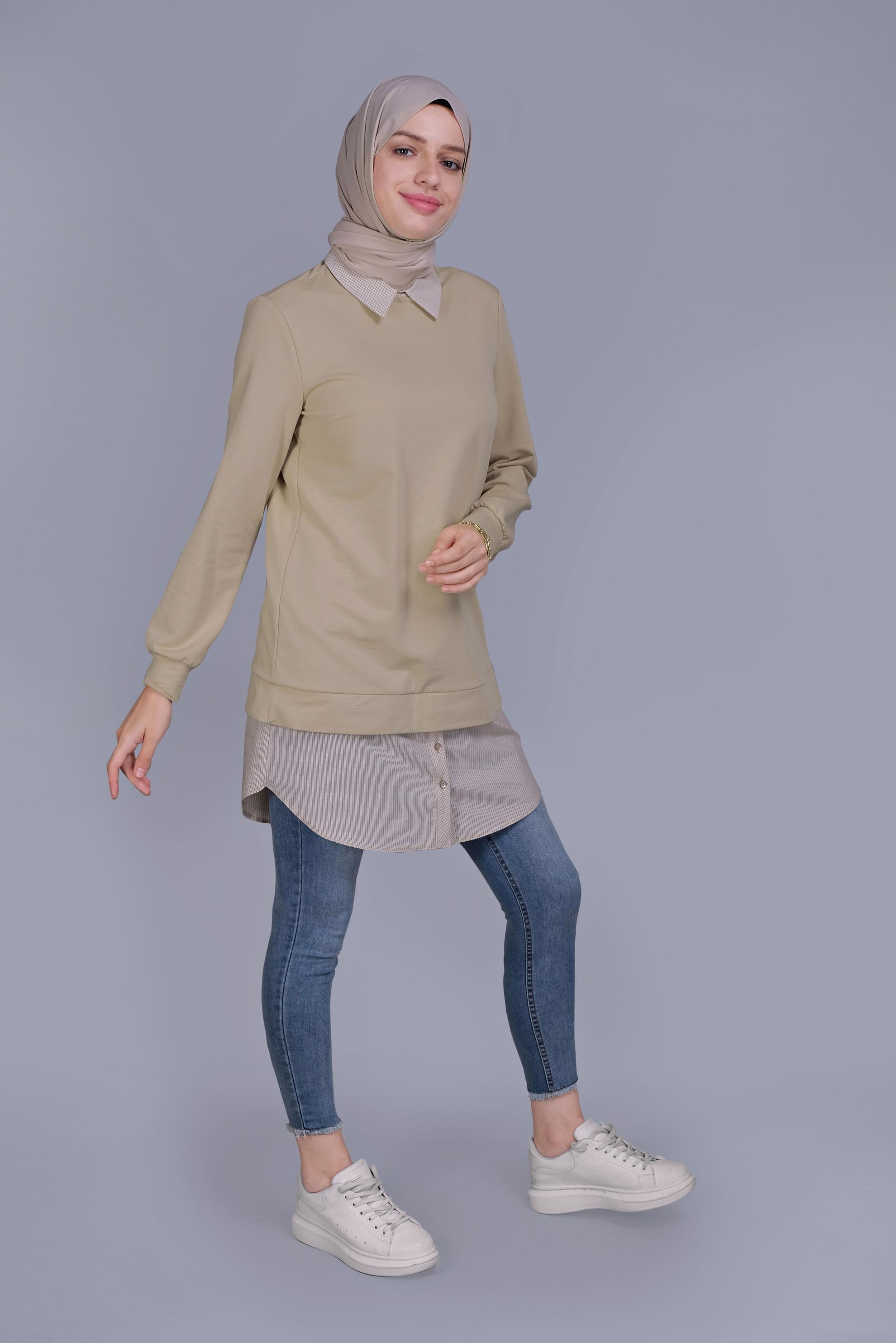 Tesettür giyim BEJ PAMUKLU İKİ PARÇALI TUNİK 41654 