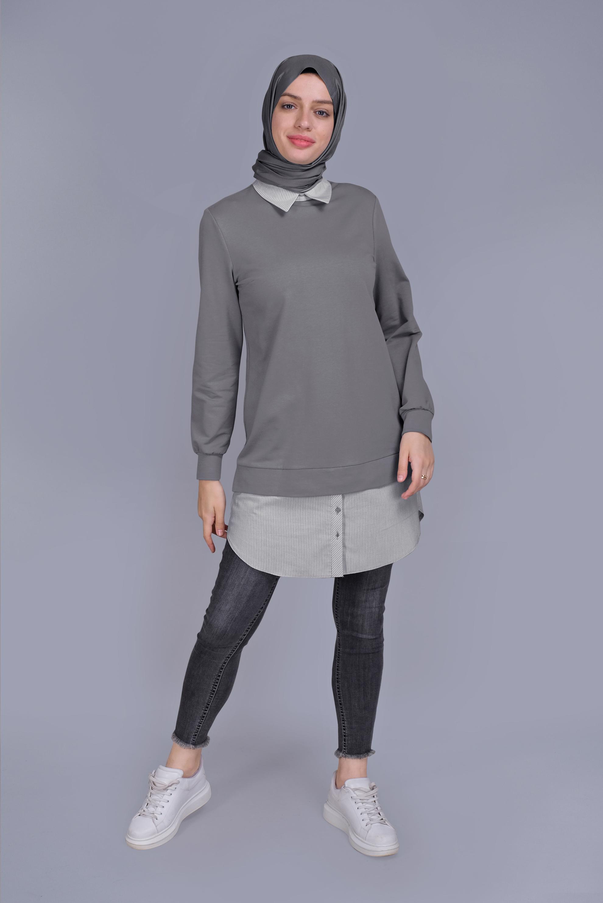 Tesettür giyim GRİ PAMUKLU İKİ PARÇALI TUNİK 41654 