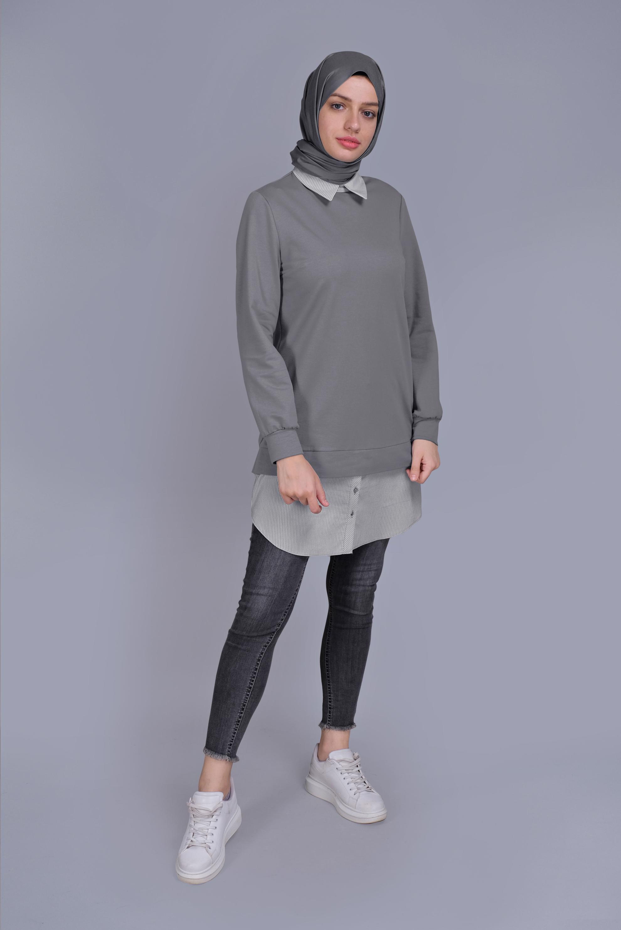 Tesettür giyim GRİ PAMUKLU İKİ PARÇALI TUNİK 41654 