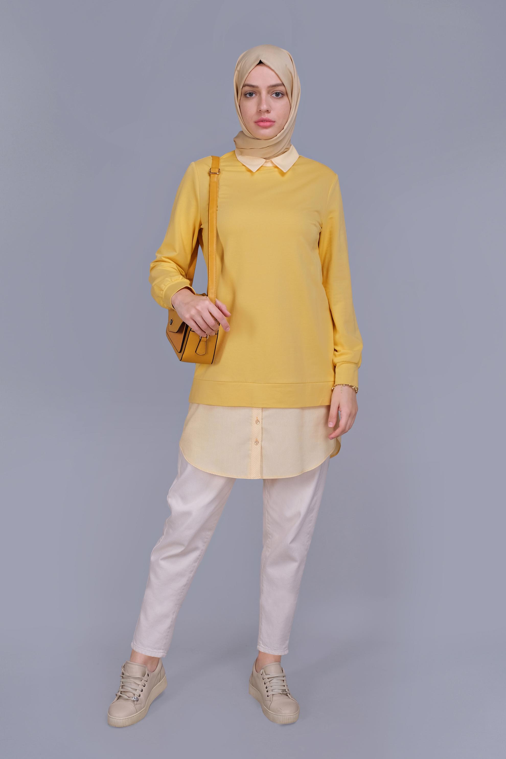 Tesettür giyim SARI PAMUKLU İKİ PARÇALI TUNİK 41654 