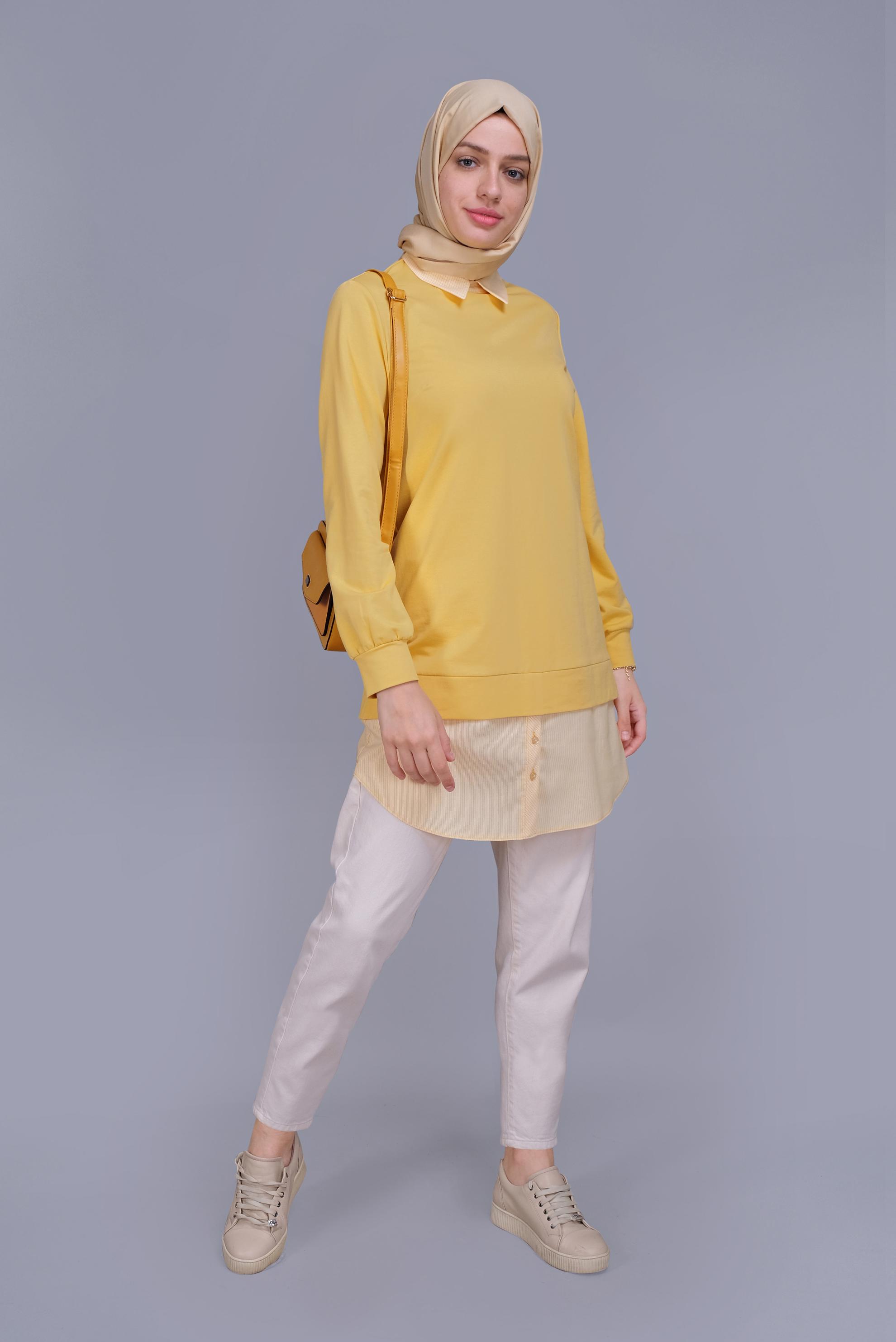 Tesettür giyim SARI PAMUKLU İKİ PARÇALI TUNİK 41654 