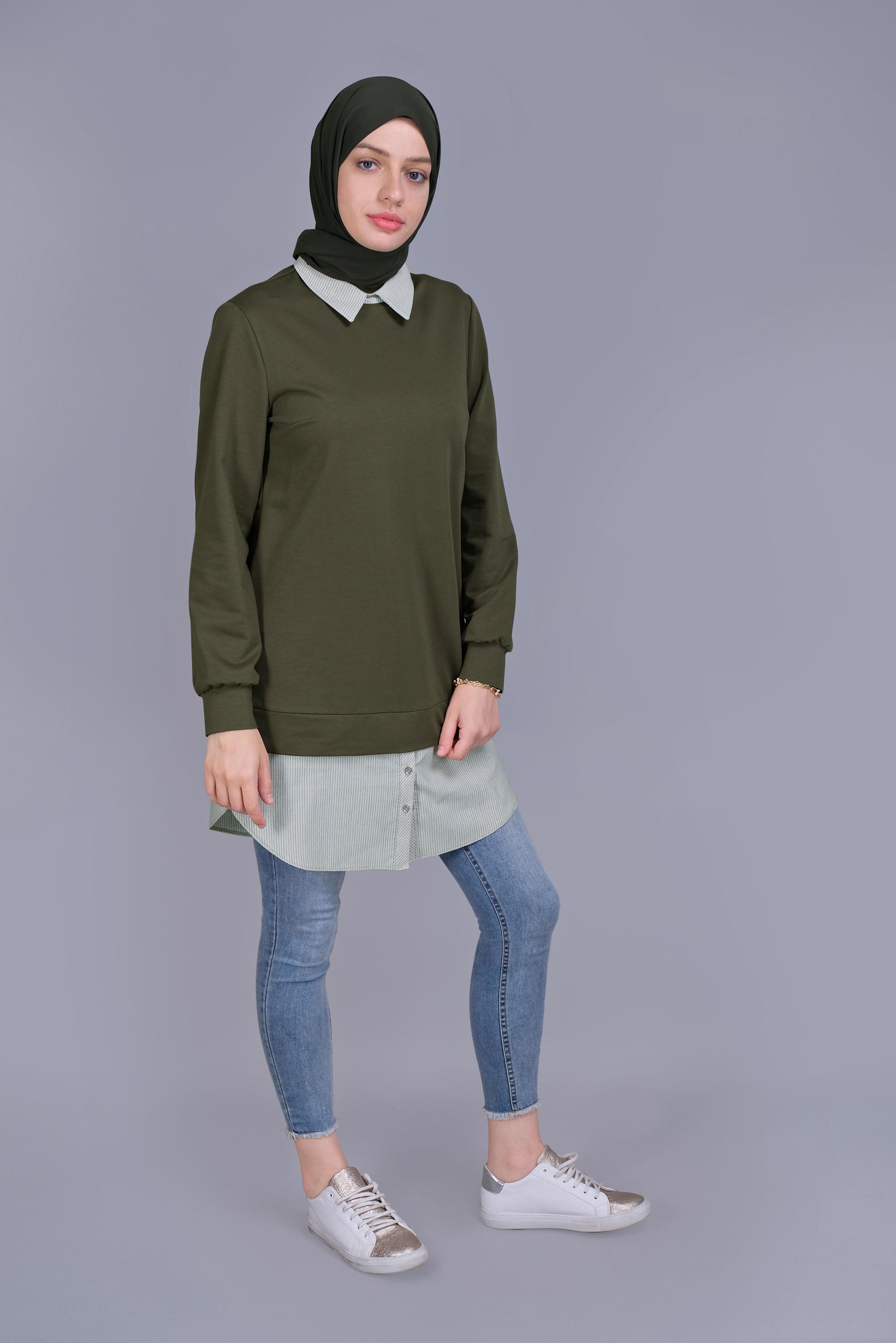 Tesettür giyim HAKİ PAMUKLU İKİ PARÇALI TUNİK 41654 