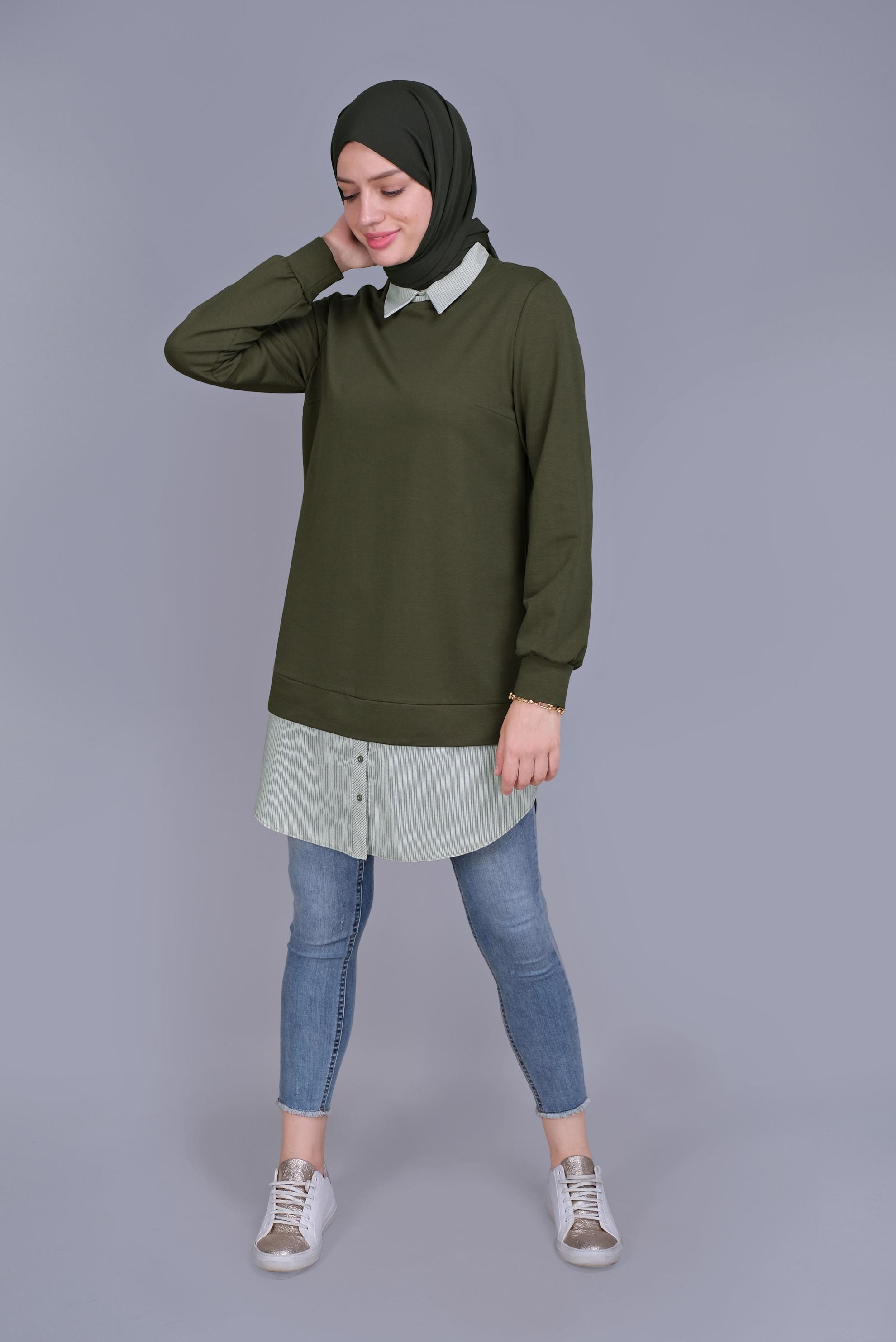 Tesettür giyim HAKİ PAMUKLU İKİ PARÇALI TUNİK 41654 