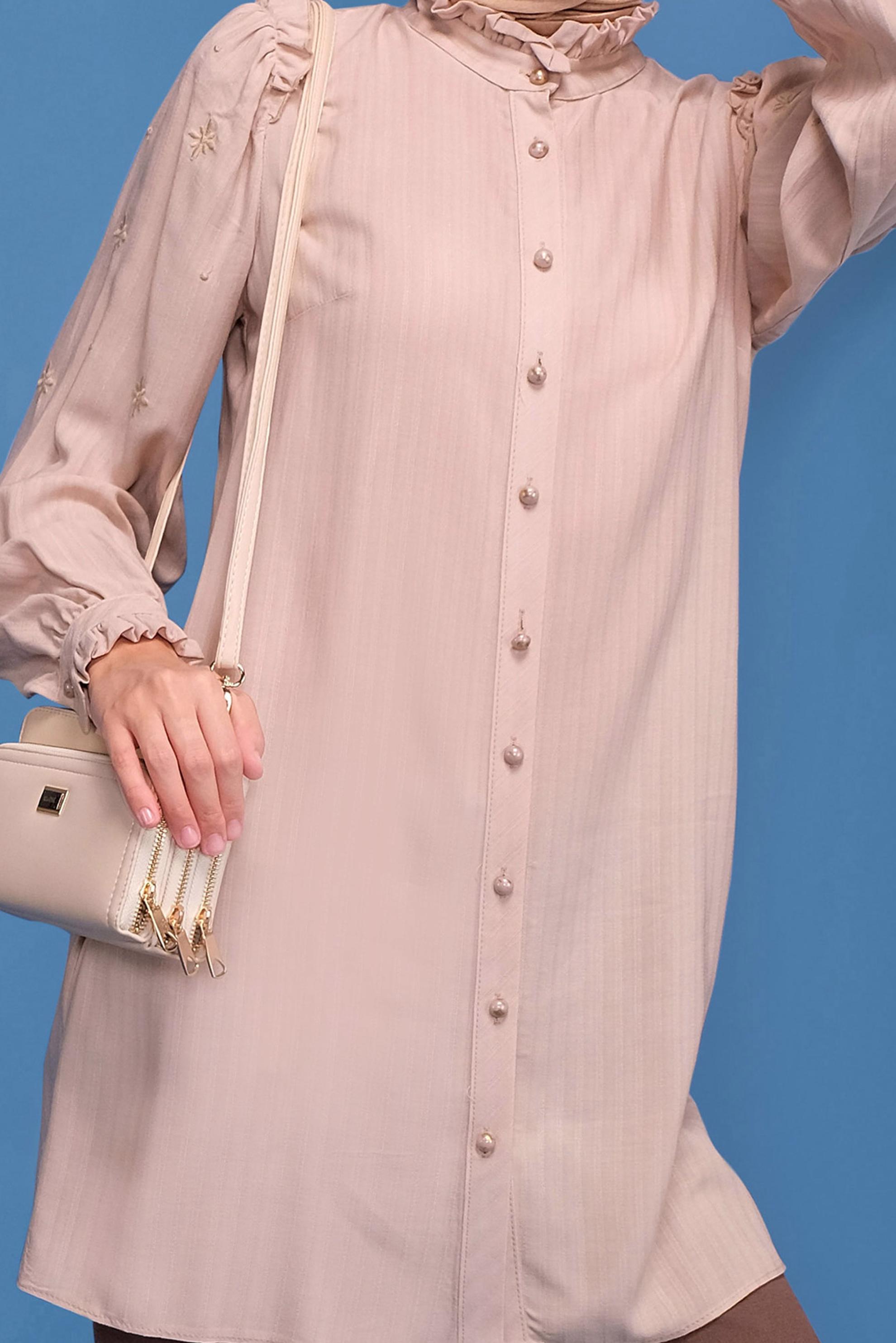 Tesettür giyim BEJ NAKIŞLI FIRDIR DETAYLI TUNİK 41655