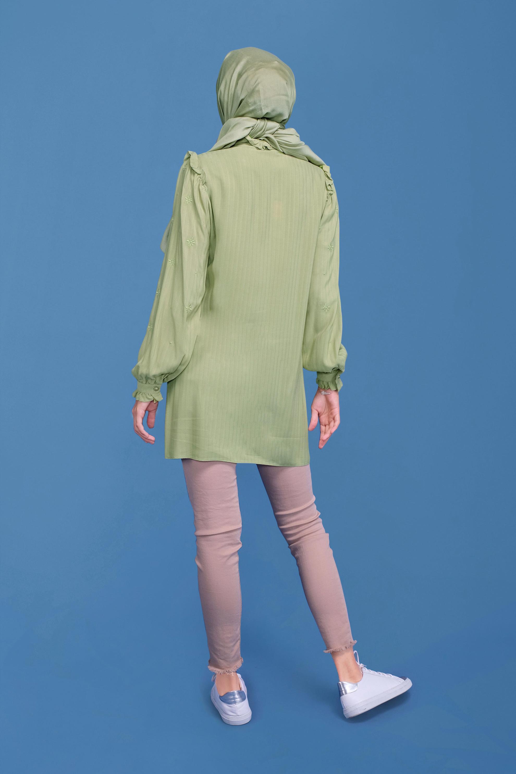 Tesettür giyim YEŞİL NAKIŞLI FIRDIR DETAYLI TUNİK 41655