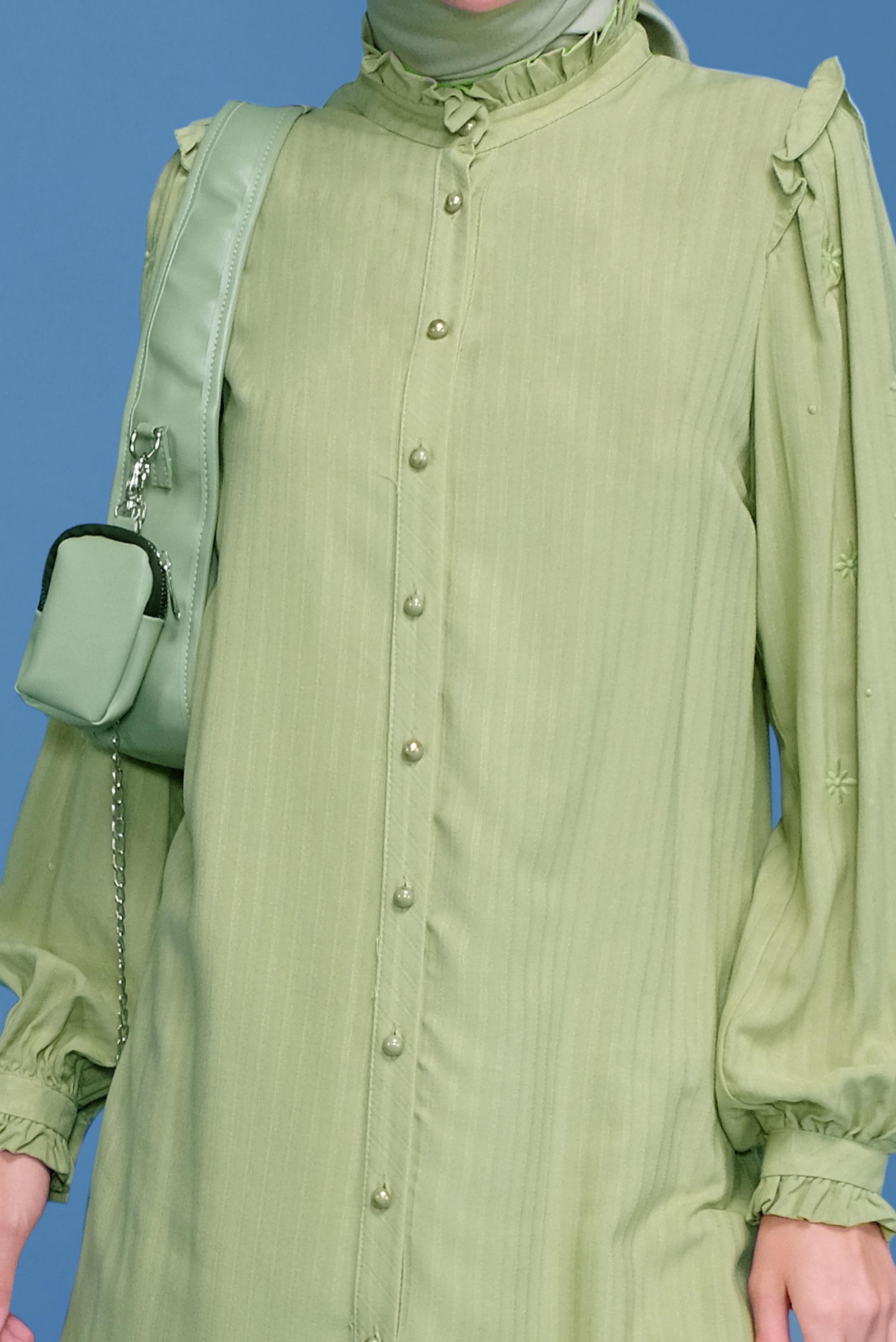 Tesettür giyim YEŞİL NAKIŞLI FIRDIR DETAYLI TUNİK 41655