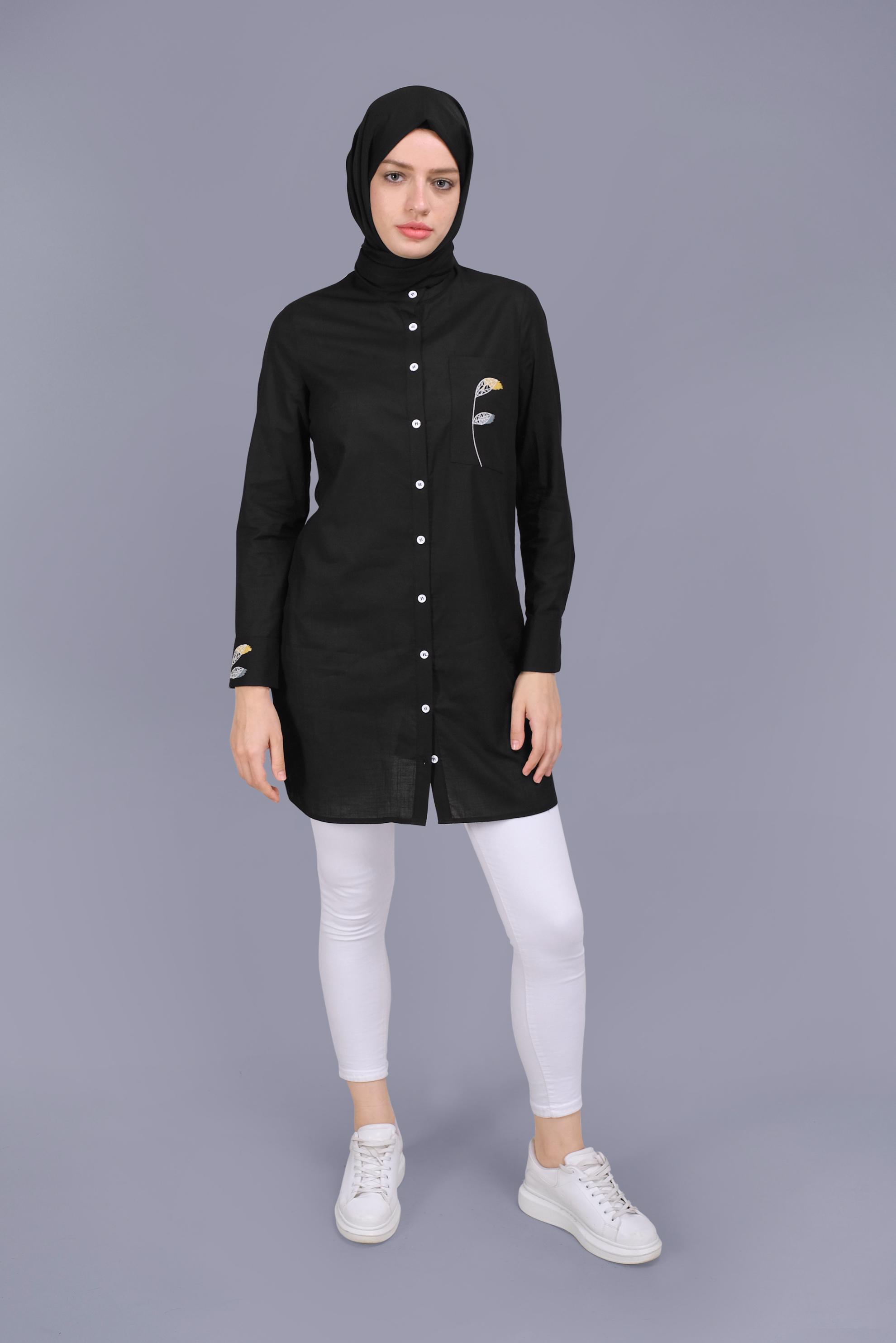 Tesettür giyim SİYAH PAMUKLU NAKIŞLI BOYDAN DÜĞMELİ TUNİK 41658 