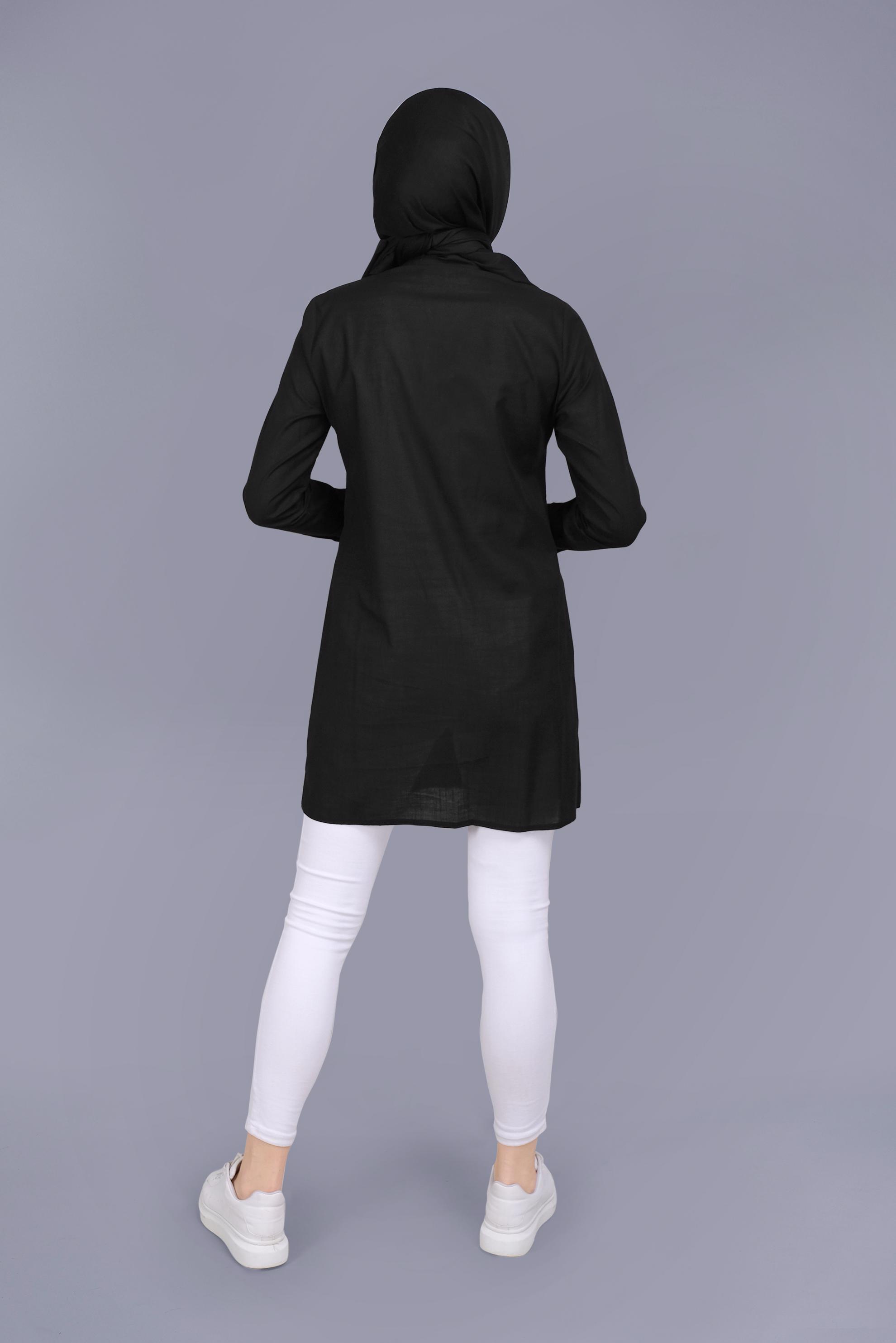 Tesettür giyim SİYAH PAMUKLU NAKIŞLI BOYDAN DÜĞMELİ TUNİK 41658 