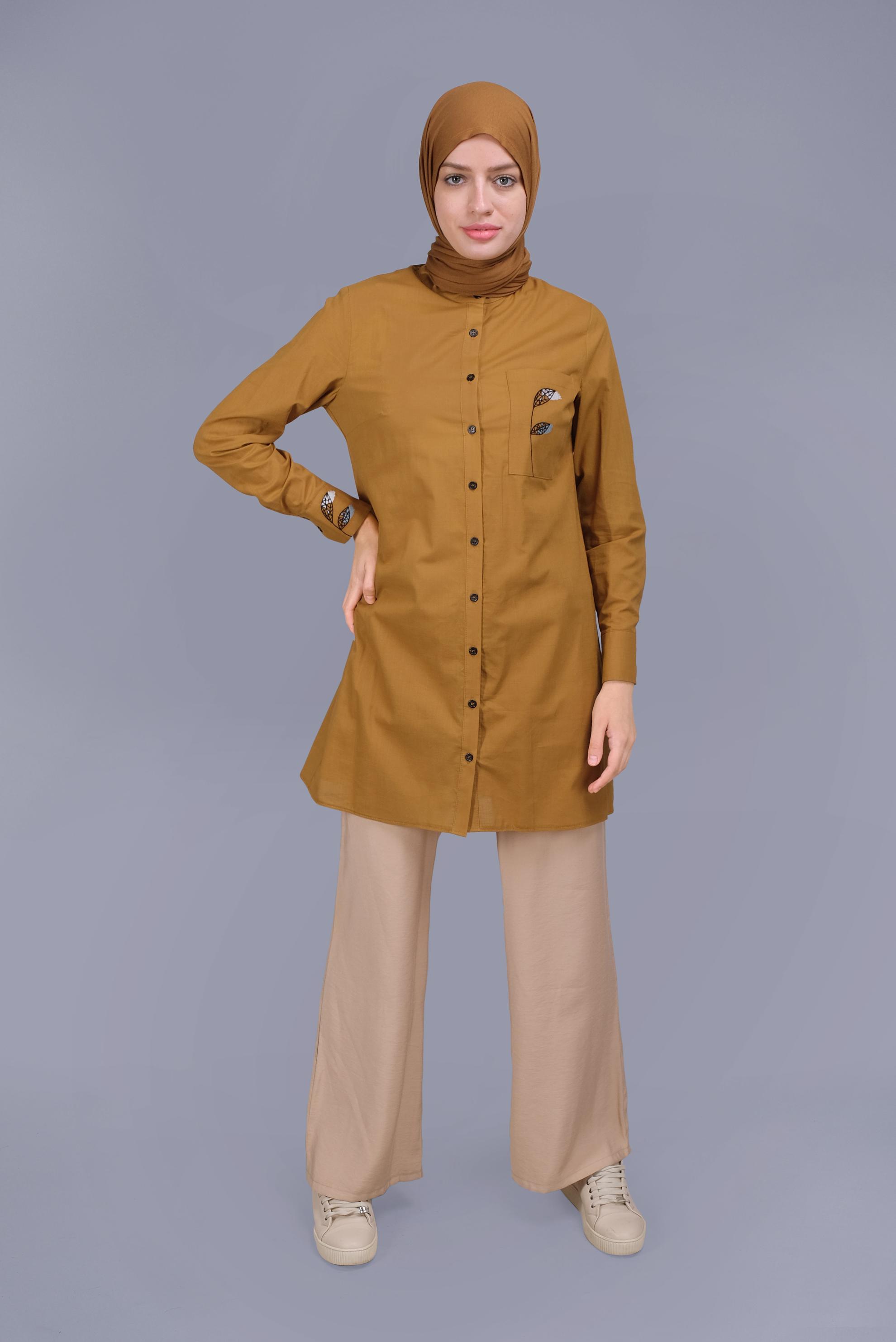 Tesettür giyim SARI PAMUKLU NAKIŞLI BOYDAN DÜĞMELİ TUNİK 41658 