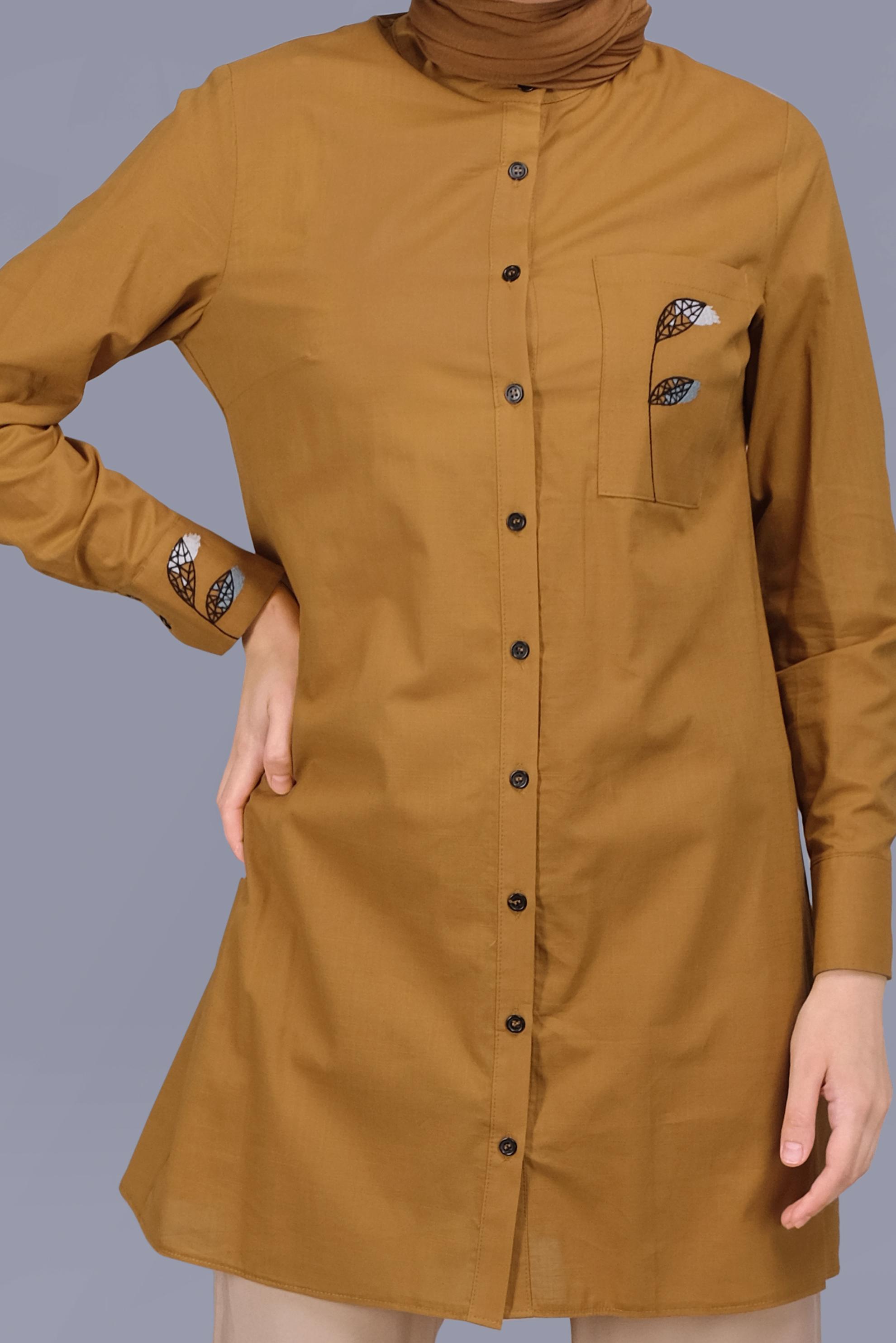 Tesettür giyim SARI PAMUKLU NAKIŞLI BOYDAN DÜĞMELİ TUNİK 41658 