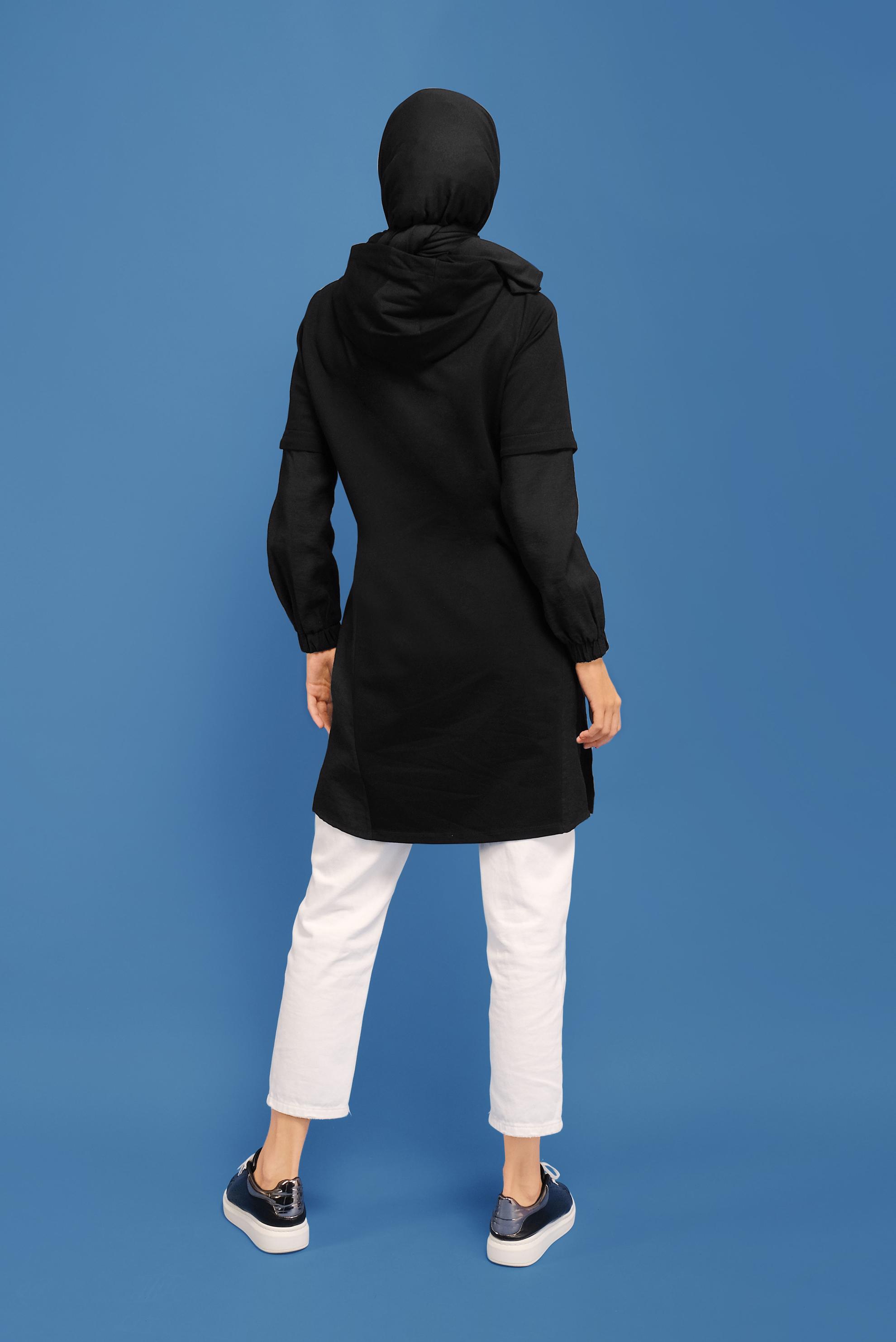 Tesettür giyim SİYAH MANŞETLERİ LASTİKLİ KAPÜŞONLU TUNİK 41683