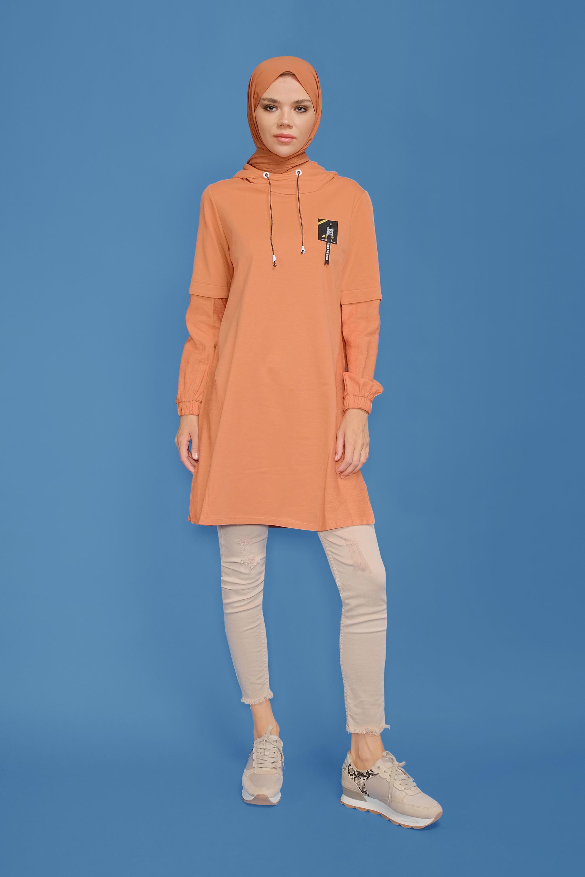 Tesettür giyim TURUNCU MANŞETLERİ LASTİKLİ KAPÜŞONLU TUNİK 41683