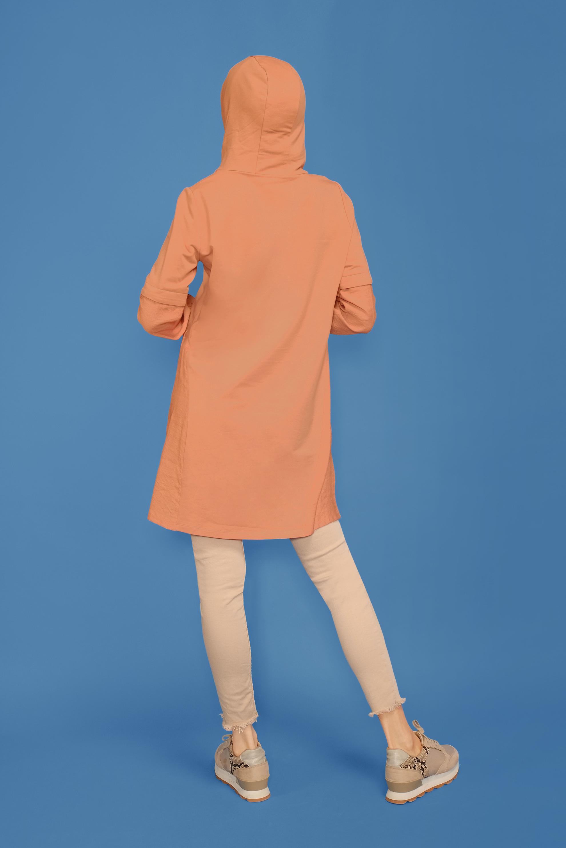 Tesettür giyim TURUNCU MANŞETLERİ LASTİKLİ KAPÜŞONLU TUNİK 41683