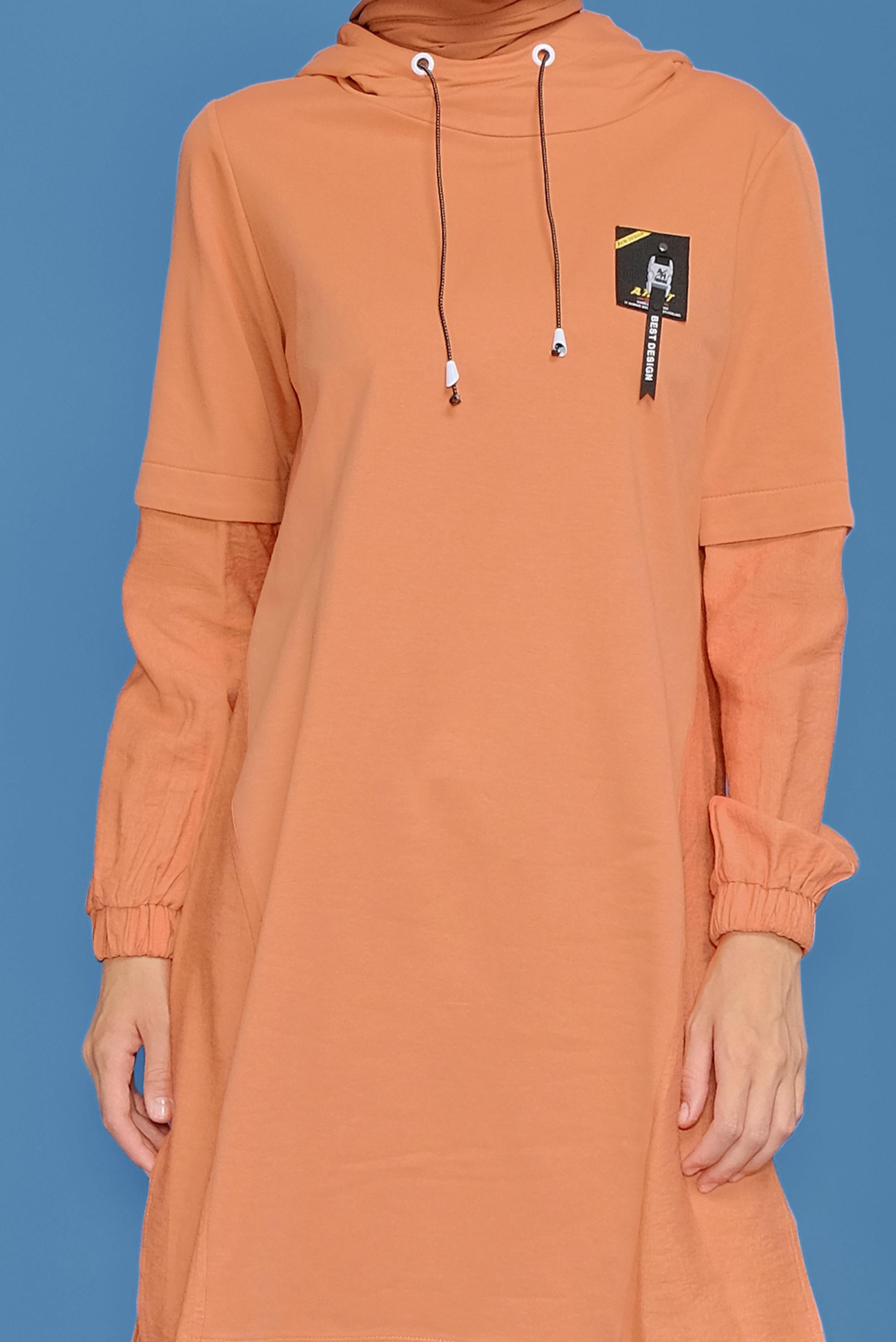 Tesettür giyim TURUNCU MANŞETLERİ LASTİKLİ KAPÜŞONLU TUNİK 41683