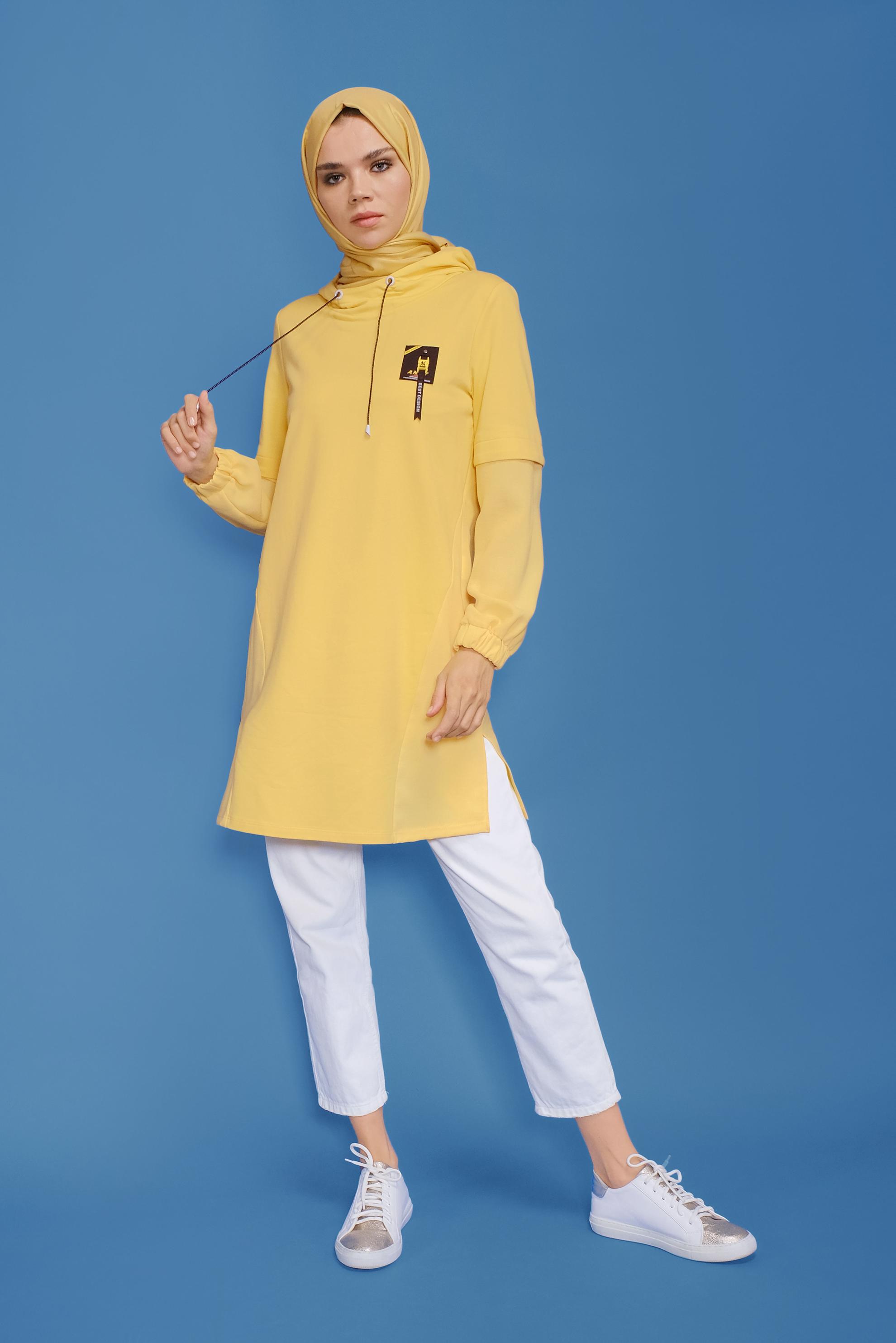 Tesettür giyim SARI MANŞETLERİ LASTİKLİ KAPÜŞONLU TUNİK 41683