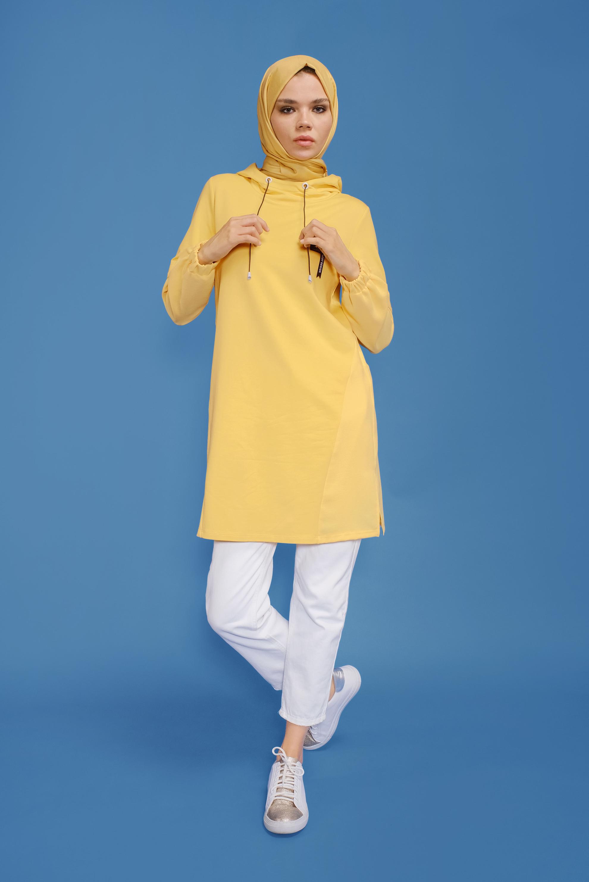 Tesettür giyim SARI MANŞETLERİ LASTİKLİ KAPÜŞONLU TUNİK 41683