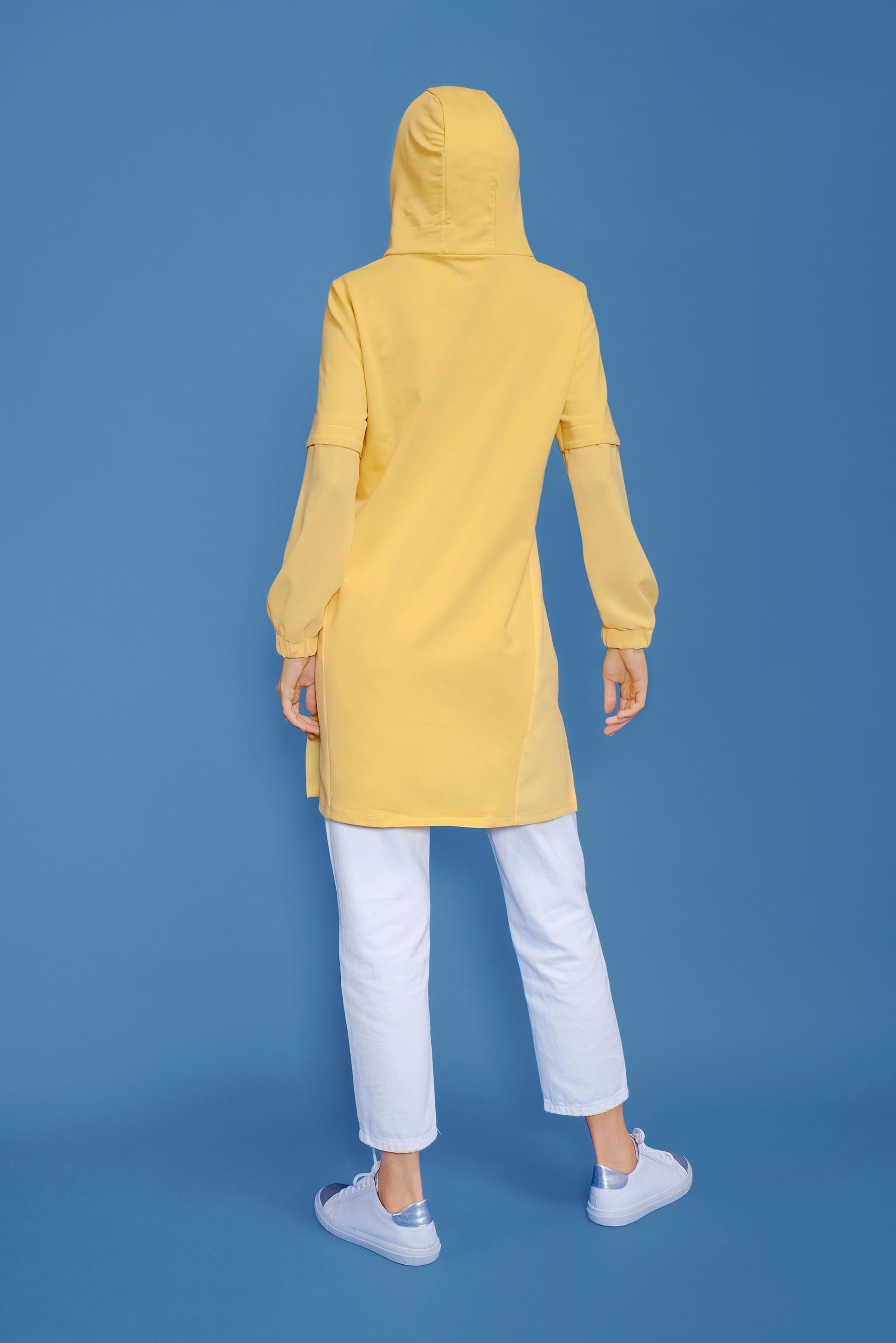 Tesettür giyim SARI MANŞETLERİ LASTİKLİ KAPÜŞONLU TUNİK 41683