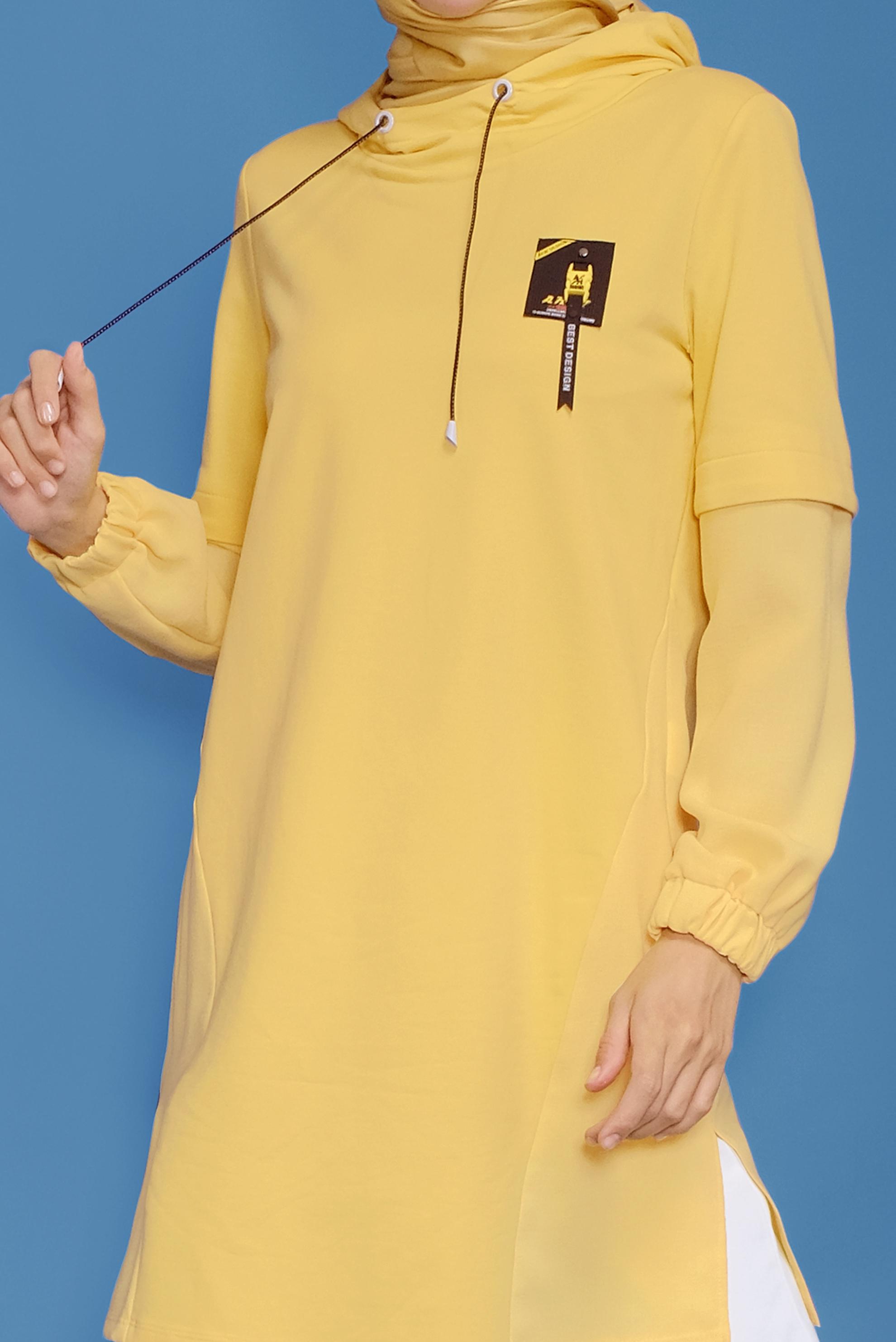 Tesettür giyim SARI MANŞETLERİ LASTİKLİ KAPÜŞONLU TUNİK 41683