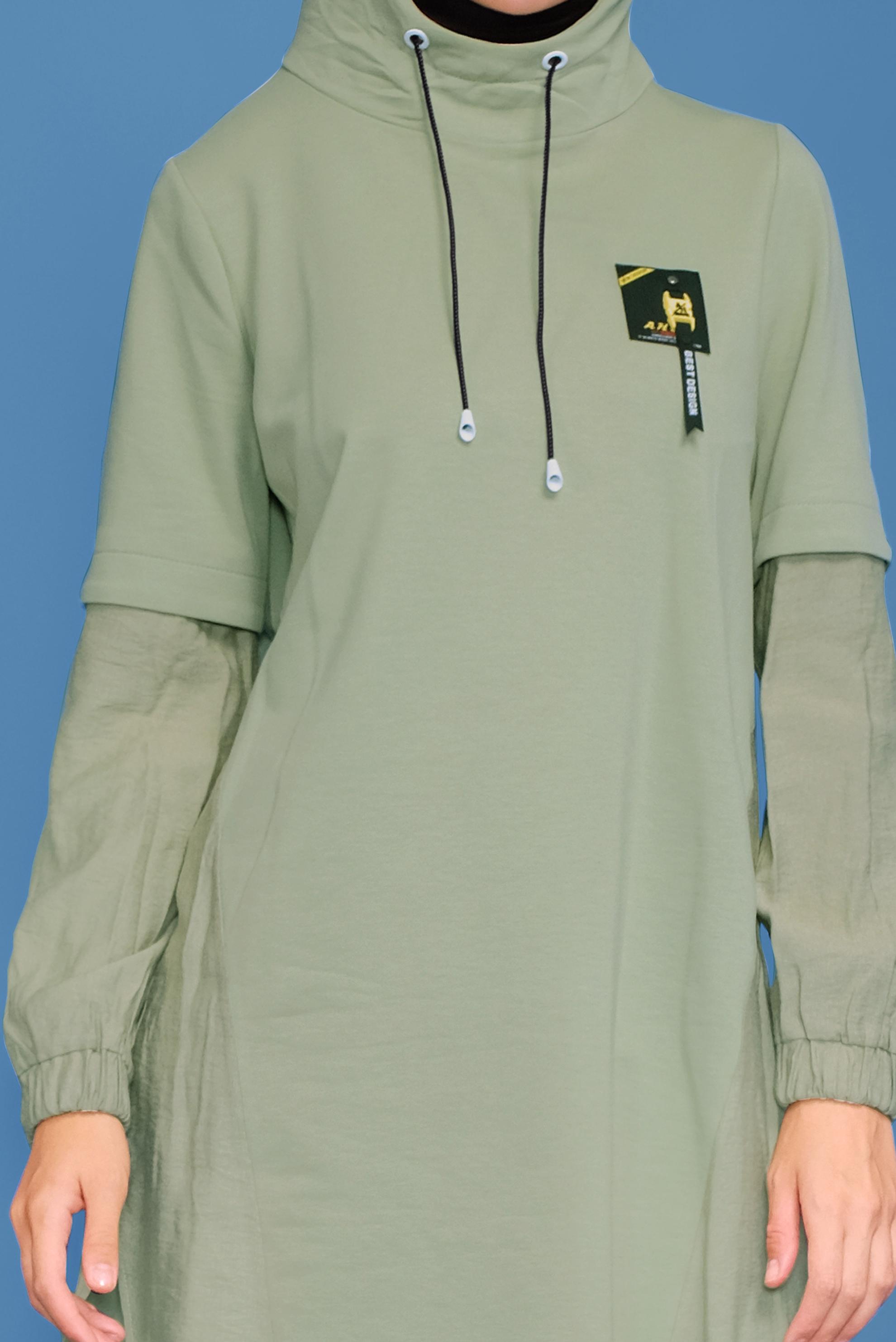 Tesettür giyim YEŞİL MANŞETLERİ LASTİKLİ KAPÜŞONLU TUNİK 41683