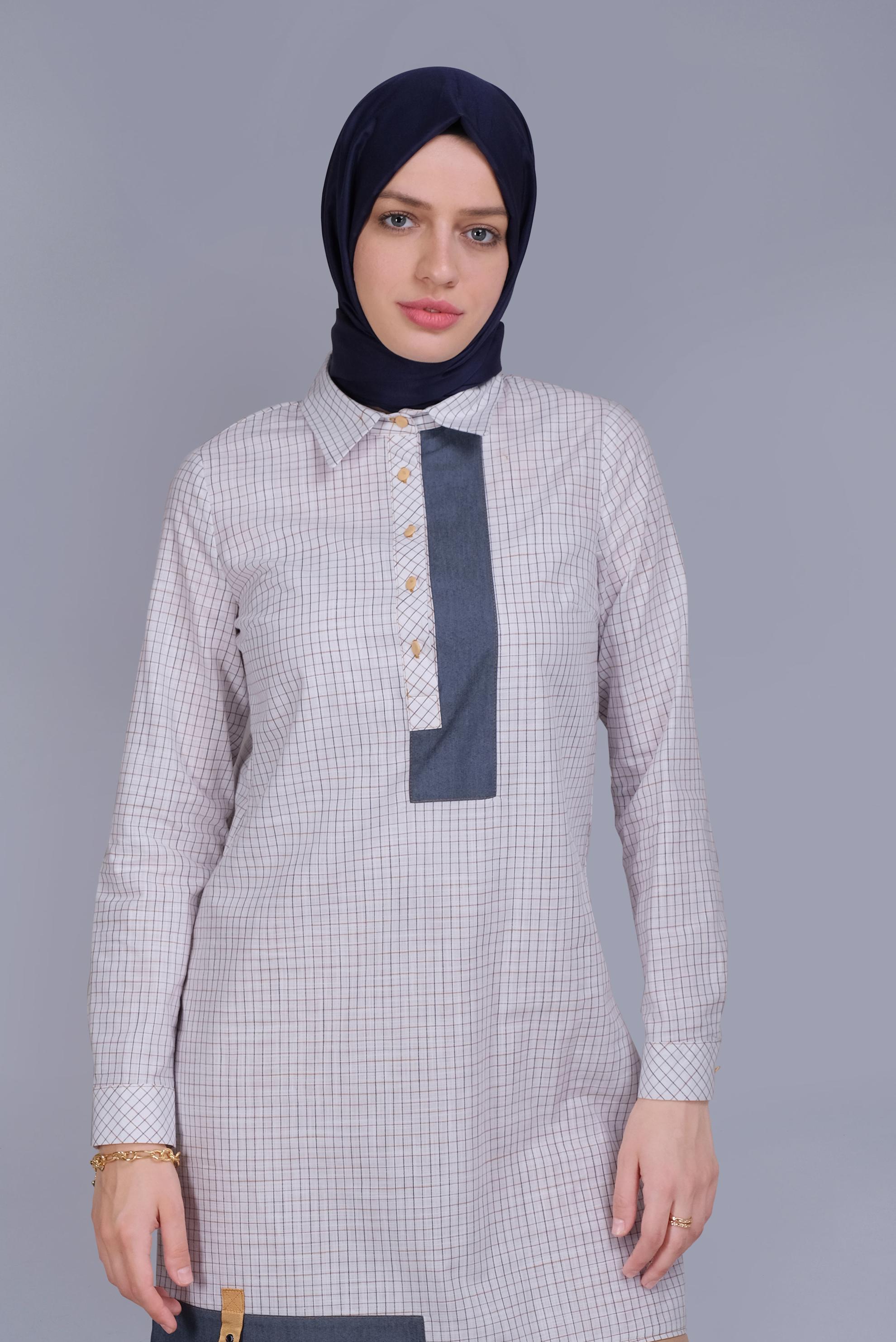 Tesettür giyim BEYAZ EKOSE DESEN CEP DETAYLI TUNİK 41684 