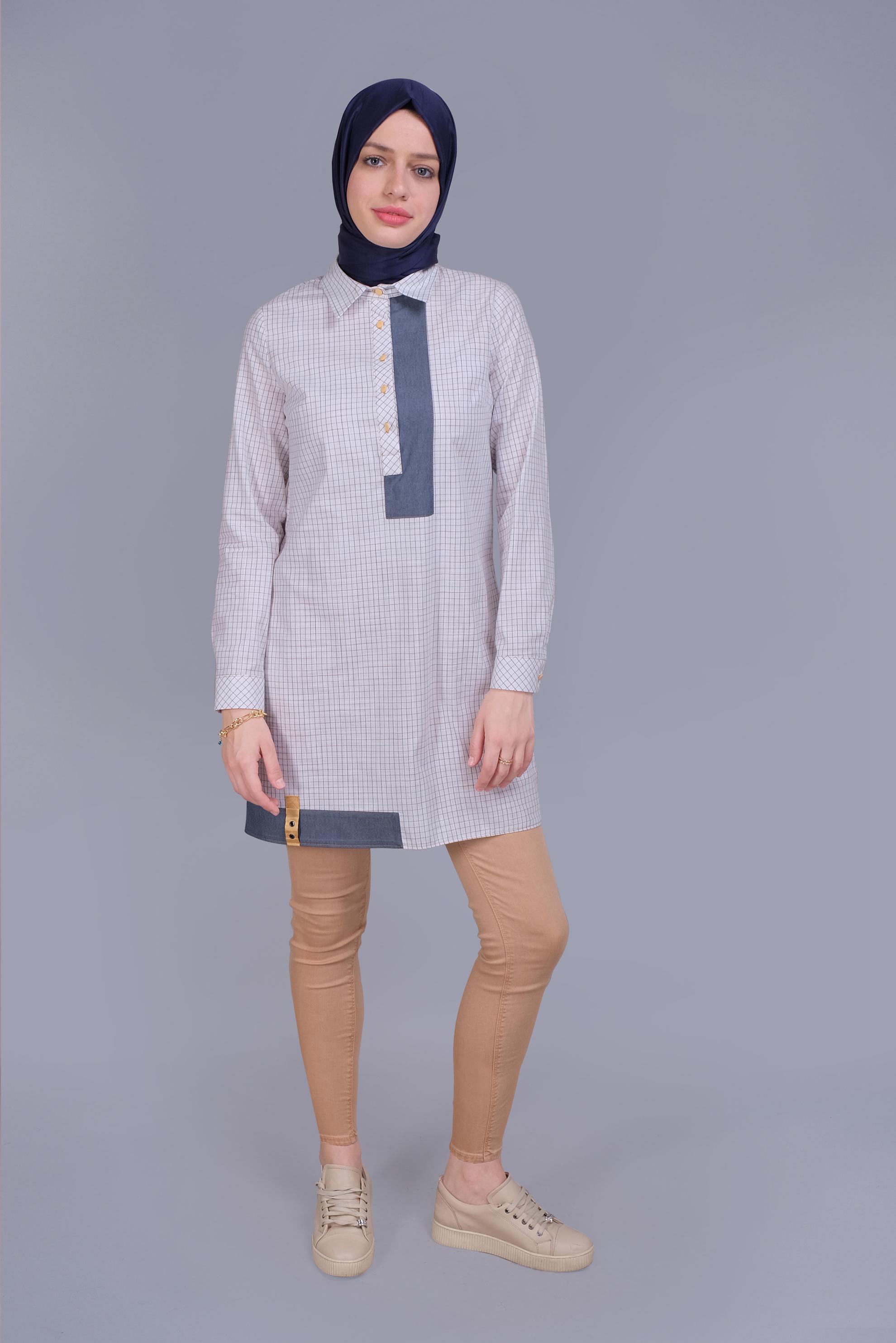 Tesettür giyim BEYAZ EKOSE DESEN CEP DETAYLI TUNİK 41684 