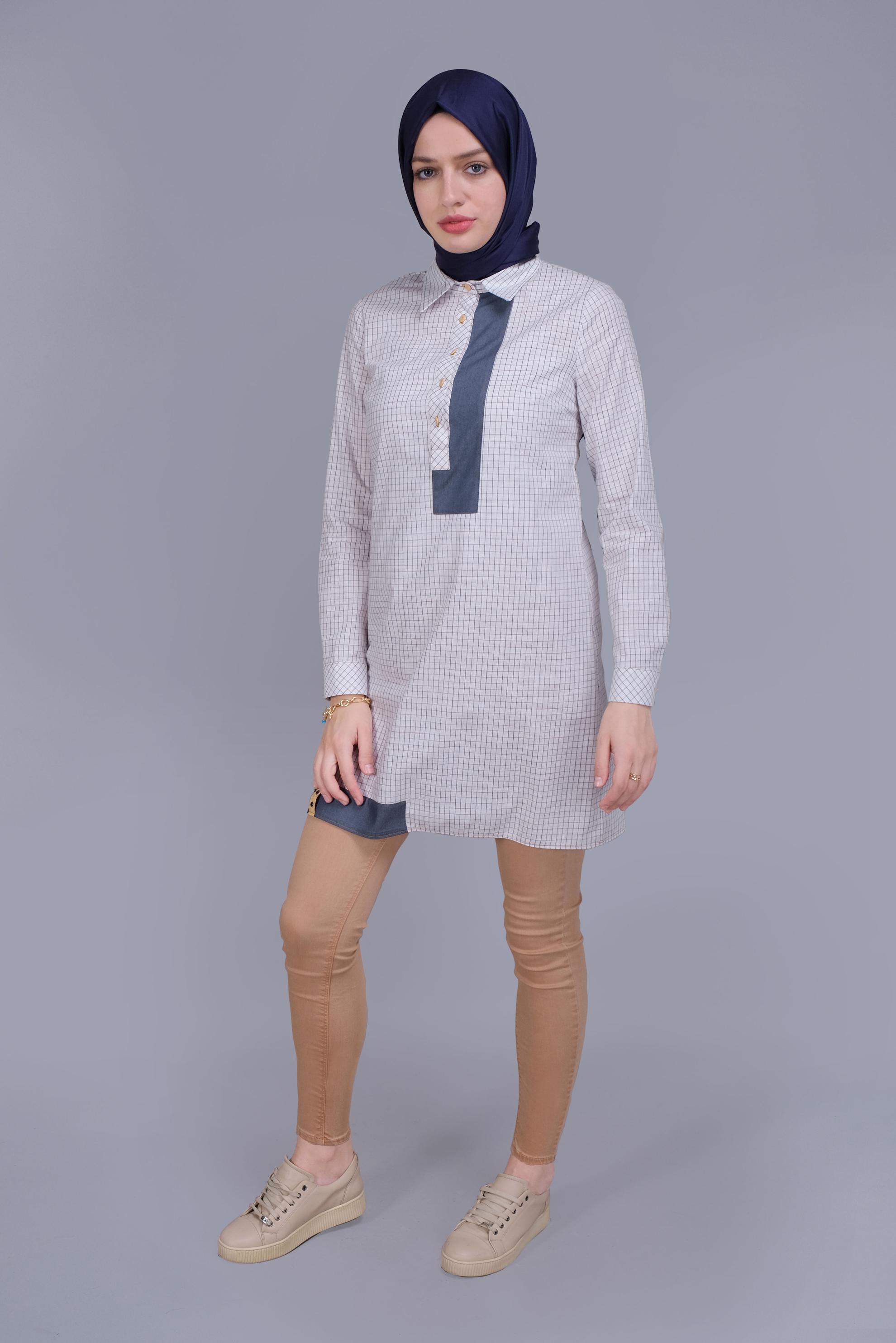 Tesettür giyim BEYAZ EKOSE DESEN CEP DETAYLI TUNİK 41684 