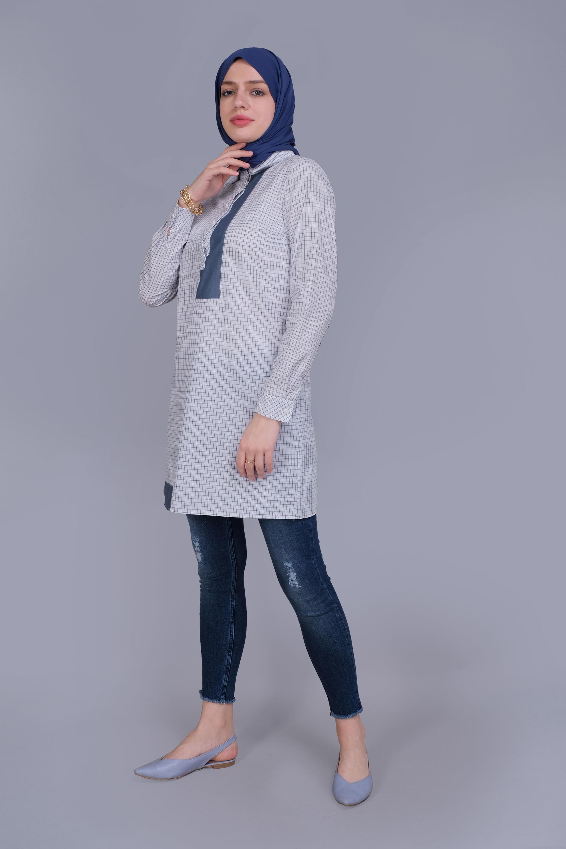 Tesettür giyim BEYAZ EKOSE DESEN CEP DETAYLI TUNİK 41684 