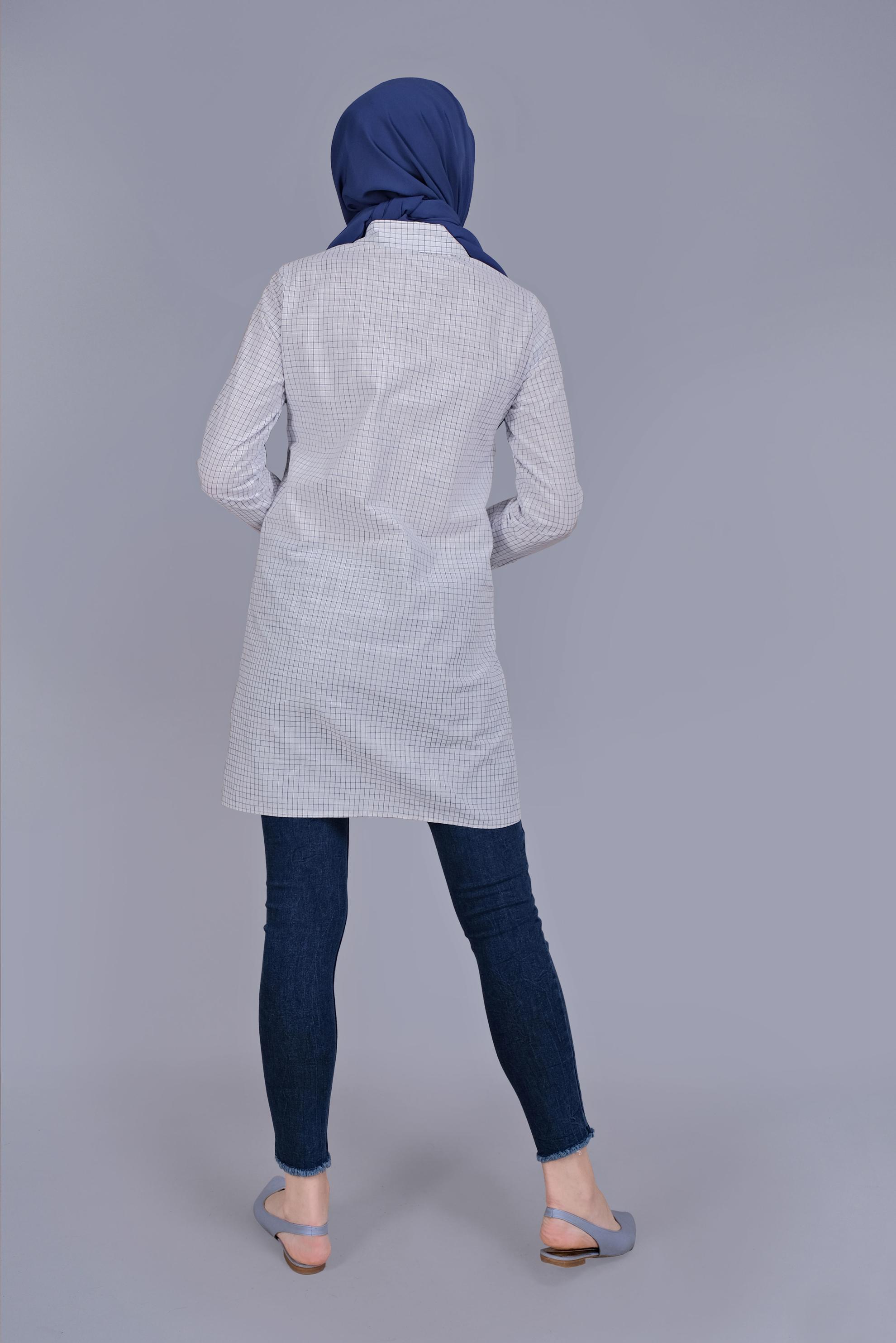 Tesettür giyim BEYAZ EKOSE DESEN CEP DETAYLI TUNİK 41684 