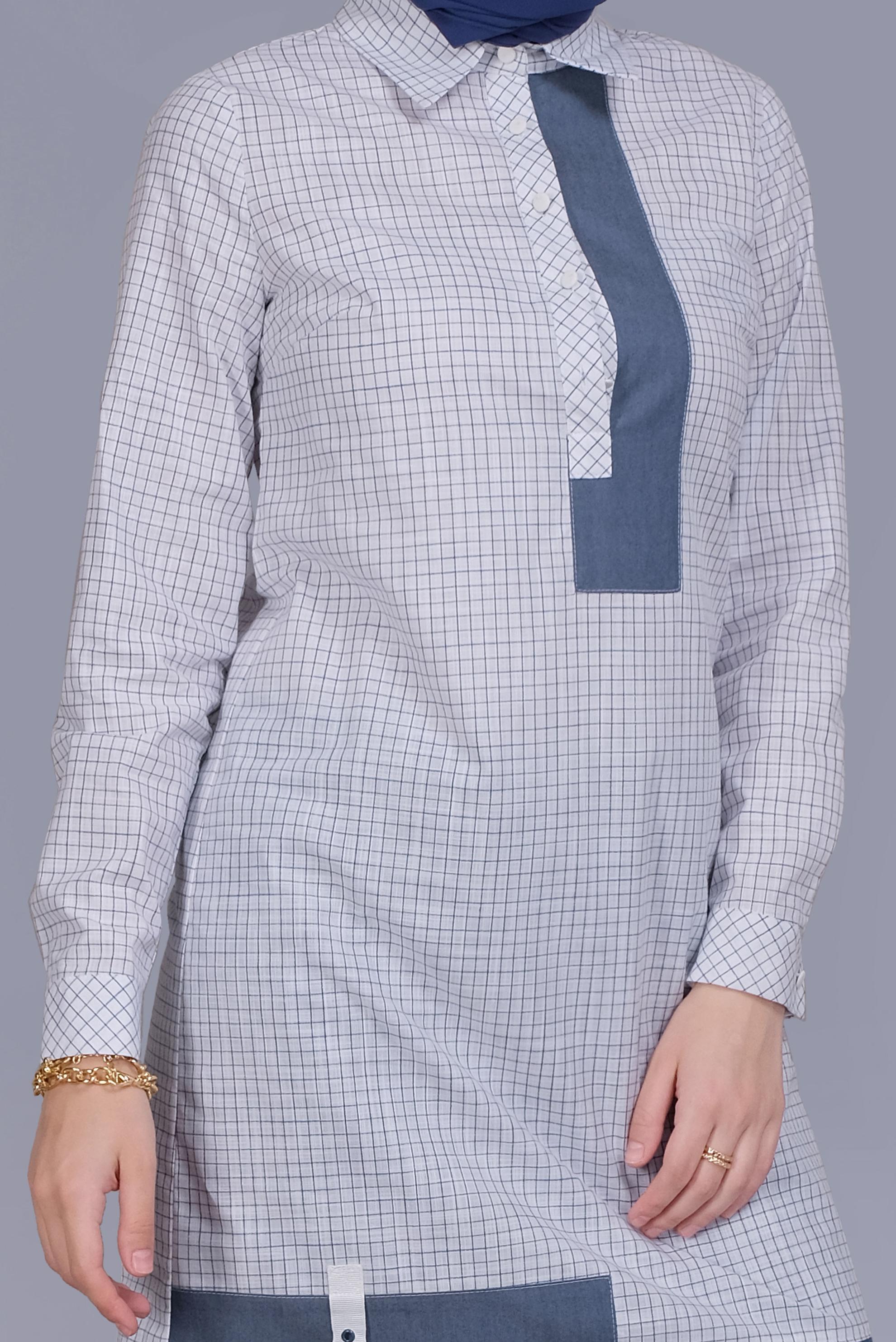 Tesettür giyim BEYAZ EKOSE DESEN CEP DETAYLI TUNİK 41684 