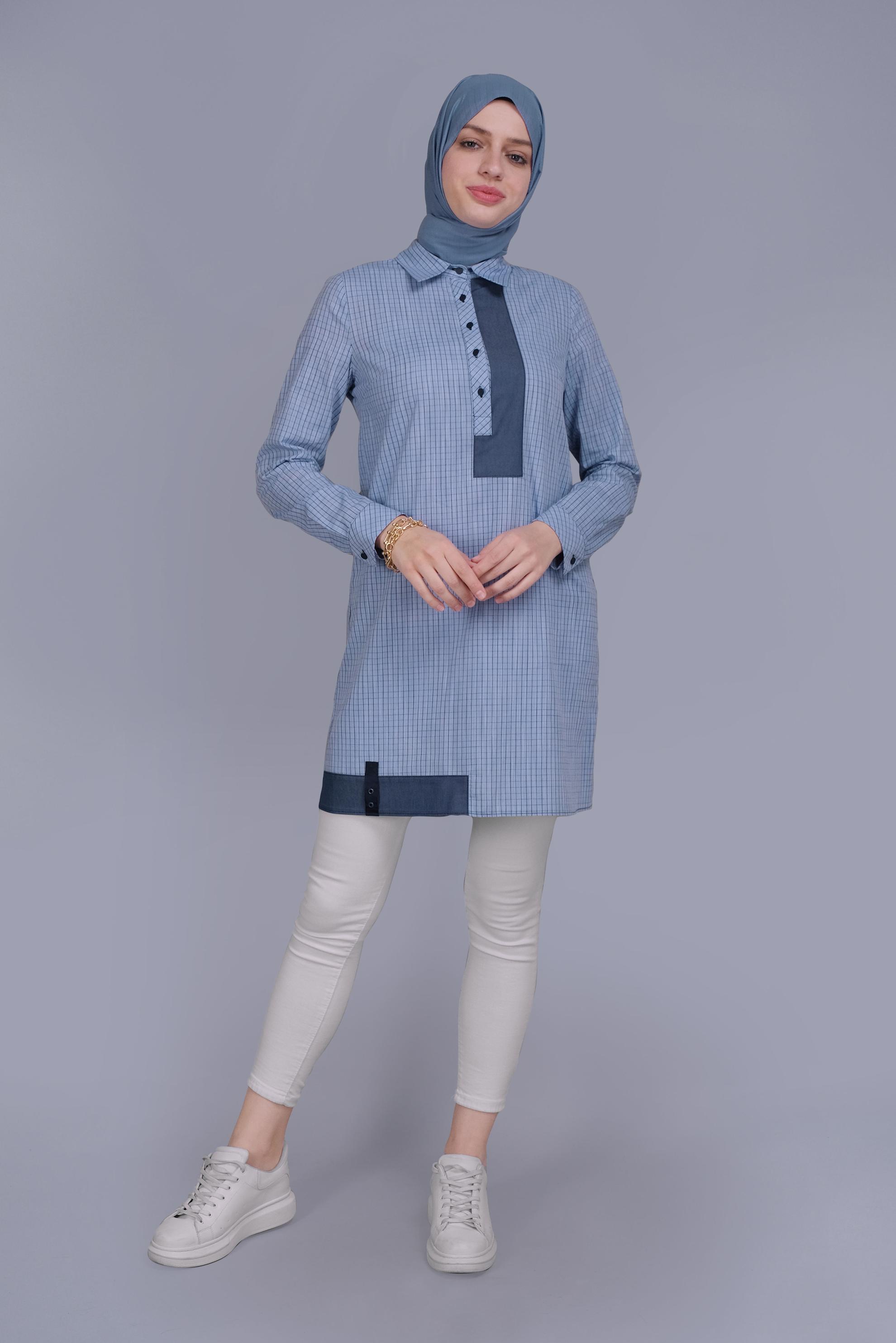 Tesettür giyim MAVİ EKOSE DESEN CEP DETAYLI TUNİK 41684 