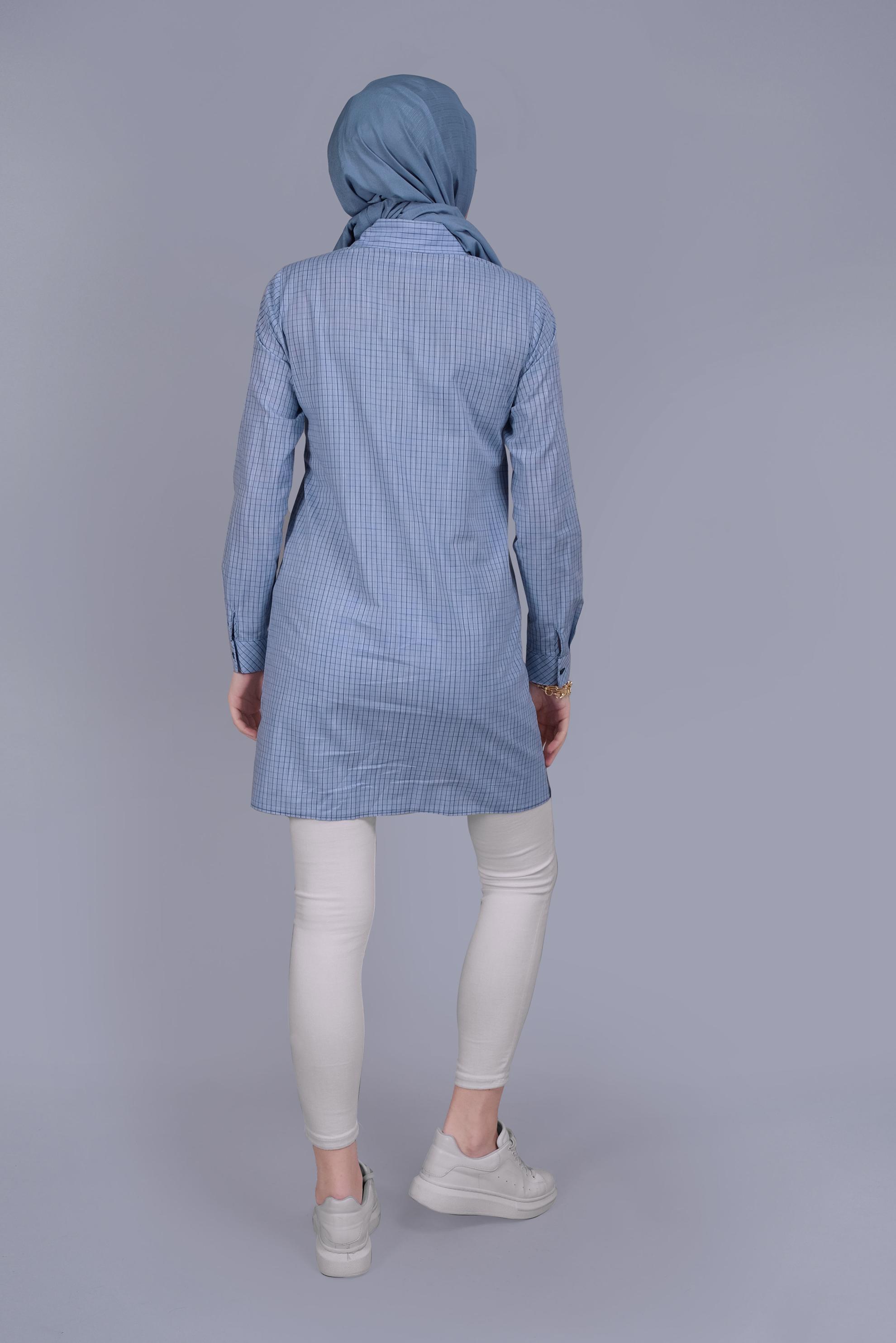 Tesettür giyim MAVİ EKOSE DESEN CEP DETAYLI TUNİK 41684 