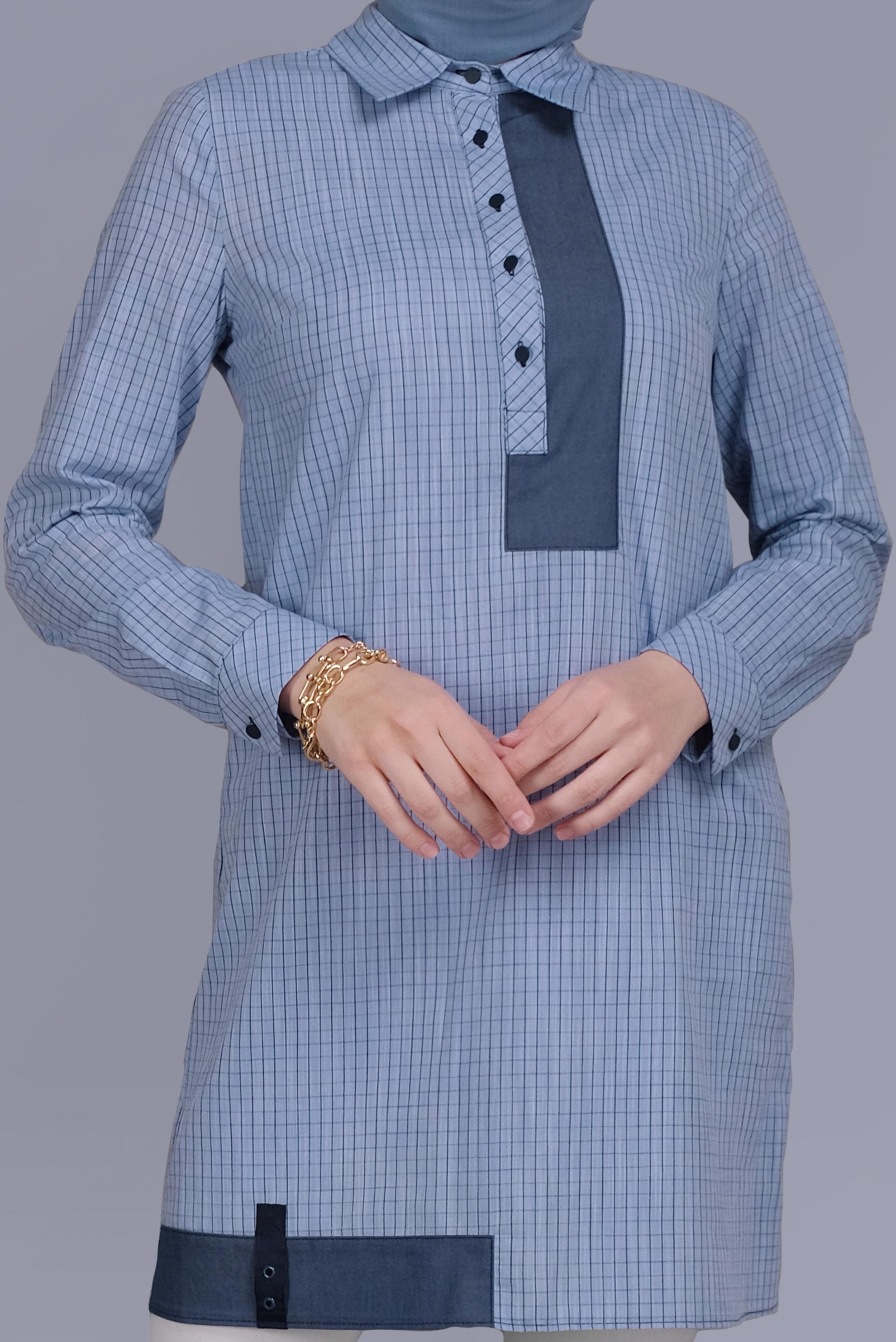 Tesettür giyim MAVİ EKOSE DESEN CEP DETAYLI TUNİK 41684 