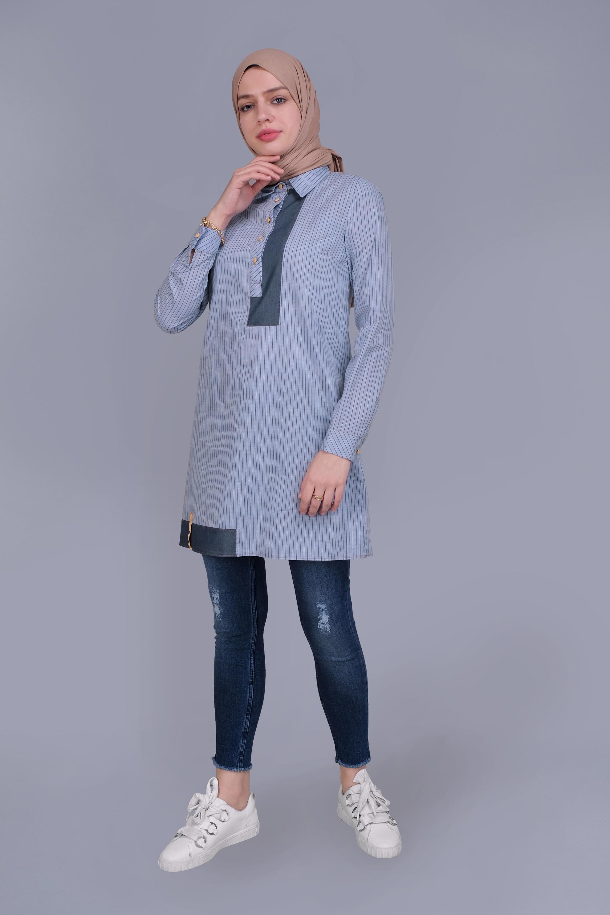 Tesettür giyim MAVİ EKOSE DESEN CEP DETAYLI TUNİK 41684 