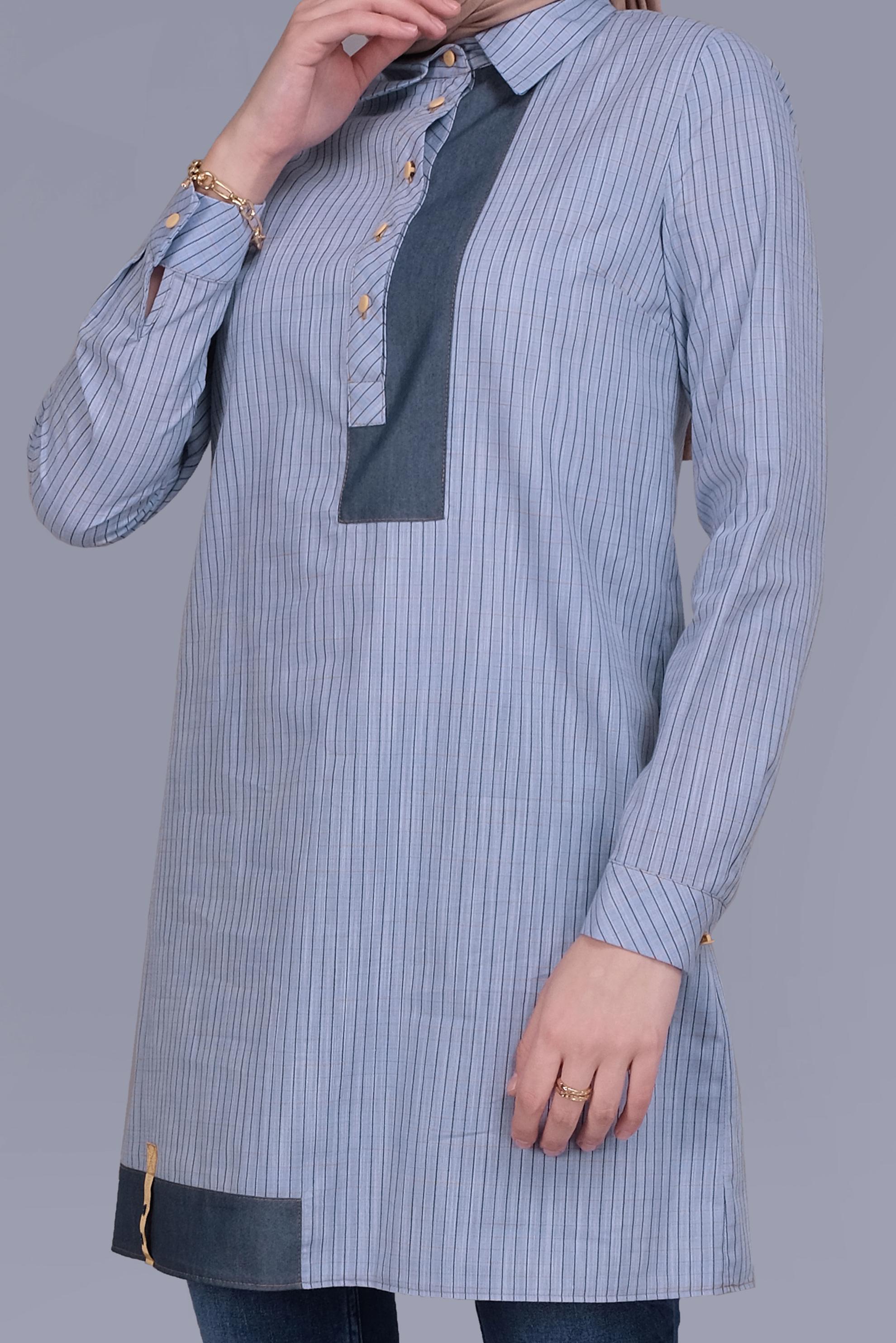 Tesettür giyim MAVİ EKOSE DESEN CEP DETAYLI TUNİK 41684 