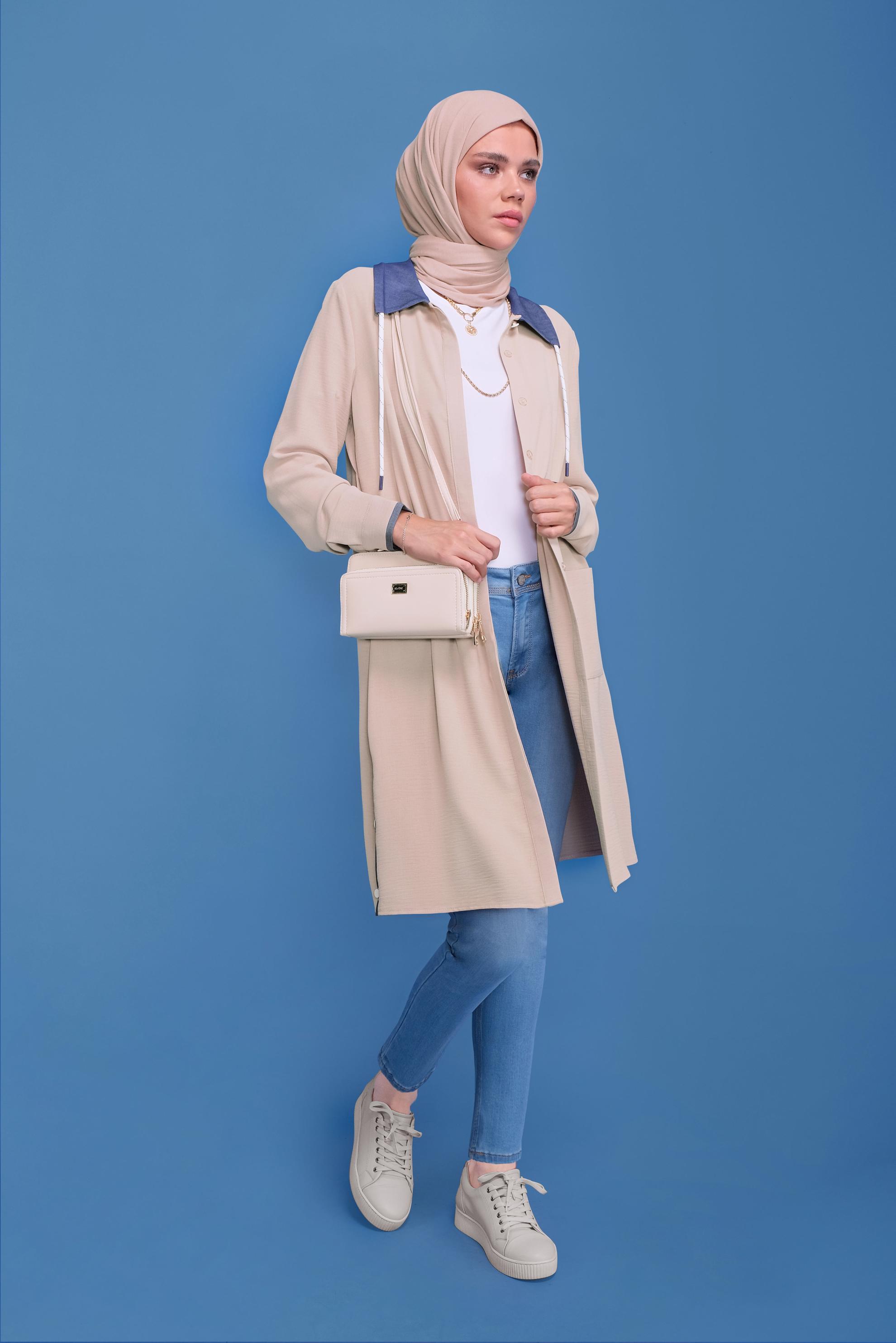 Tesettür giyim BEJ GİZLİ DÜĞMELİ ÇITÇIT DETAYLI TUNİK 41686