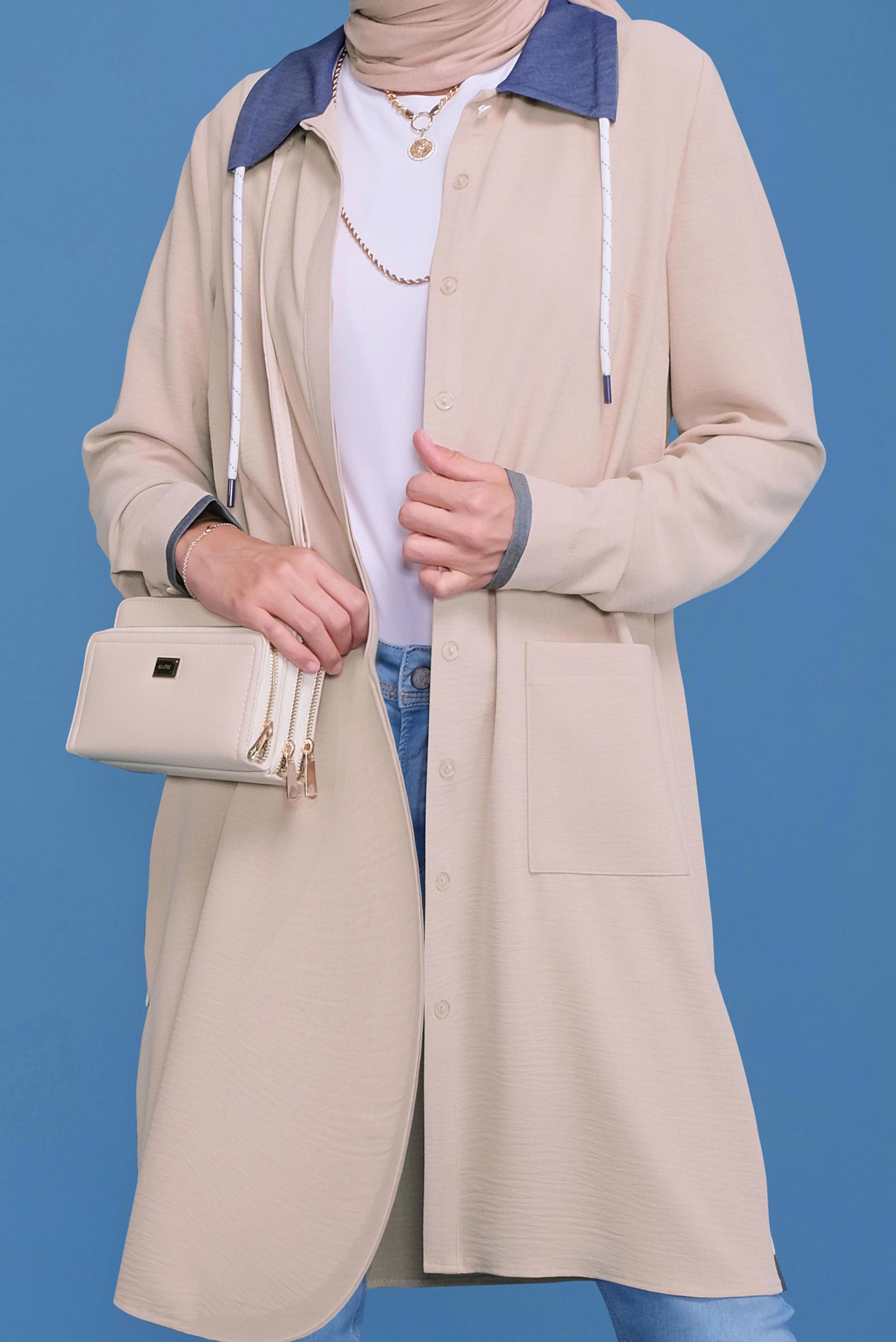 Tesettür giyim BEJ GİZLİ DÜĞMELİ ÇITÇIT DETAYLI TUNİK 41686