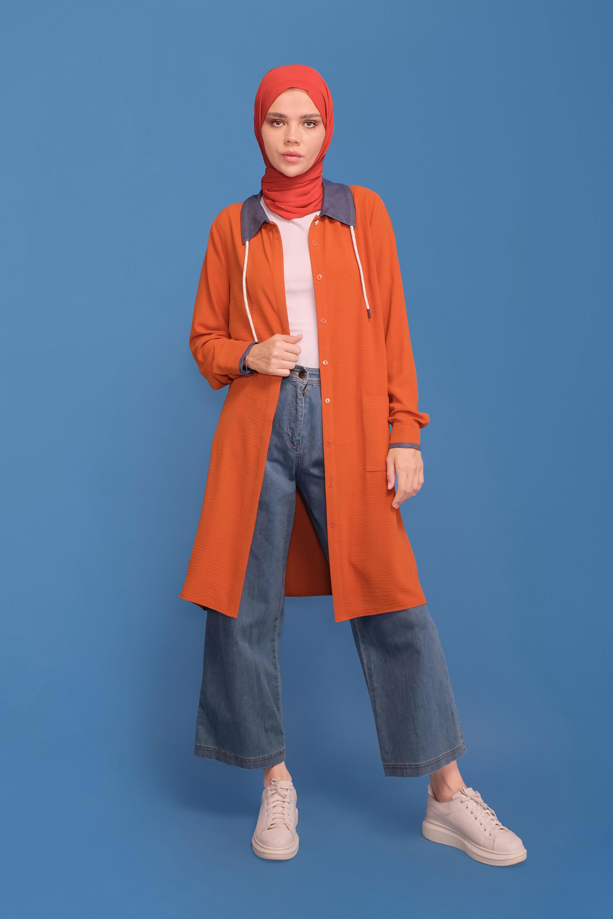 Tesettür giyim TURUNCU GİZLİ DÜĞMELİ ÇITÇIT DETAYLI TUNİK 41686