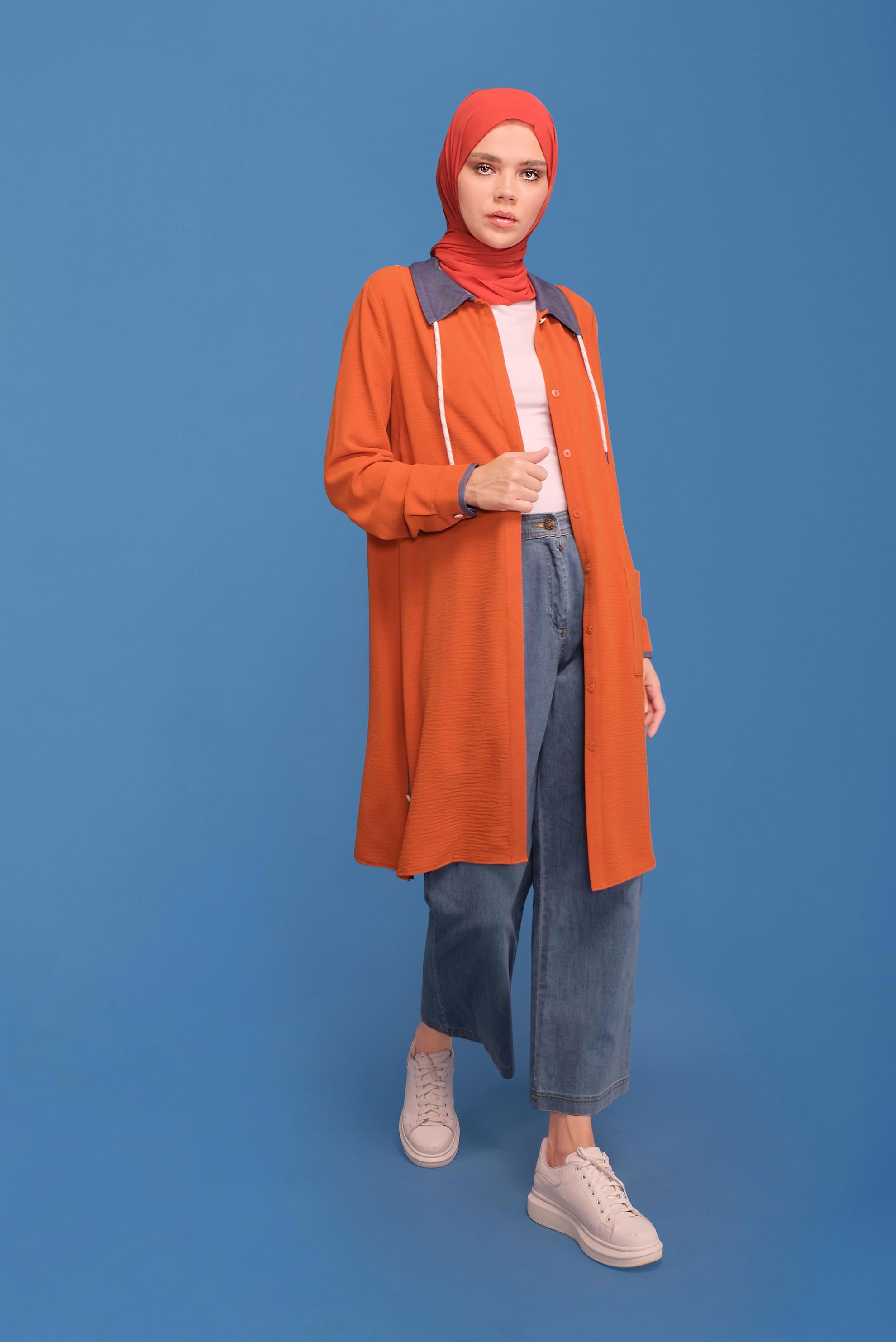 Tesettür giyim TURUNCU GİZLİ DÜĞMELİ ÇITÇIT DETAYLI TUNİK 41686