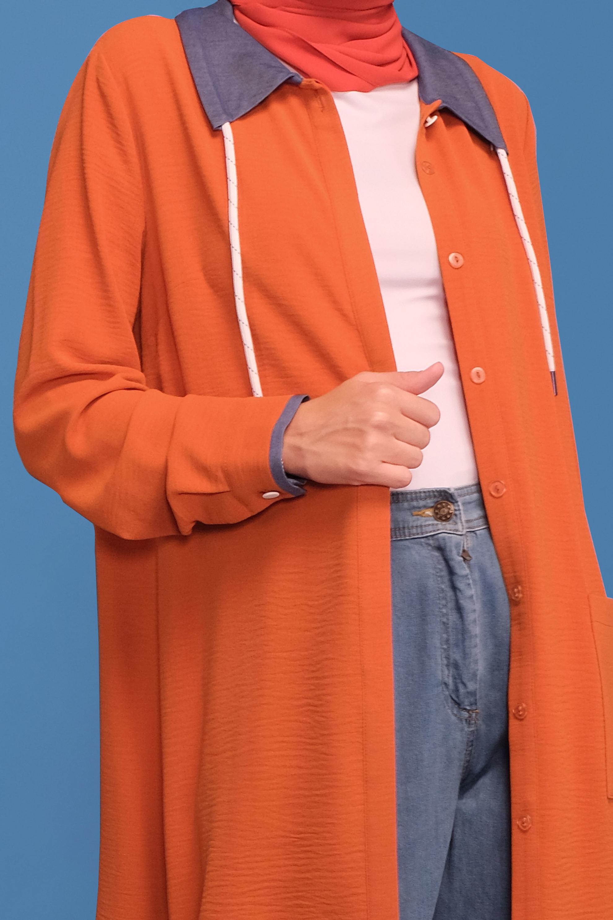 Tesettür giyim TURUNCU GİZLİ DÜĞMELİ ÇITÇIT DETAYLI TUNİK 41686