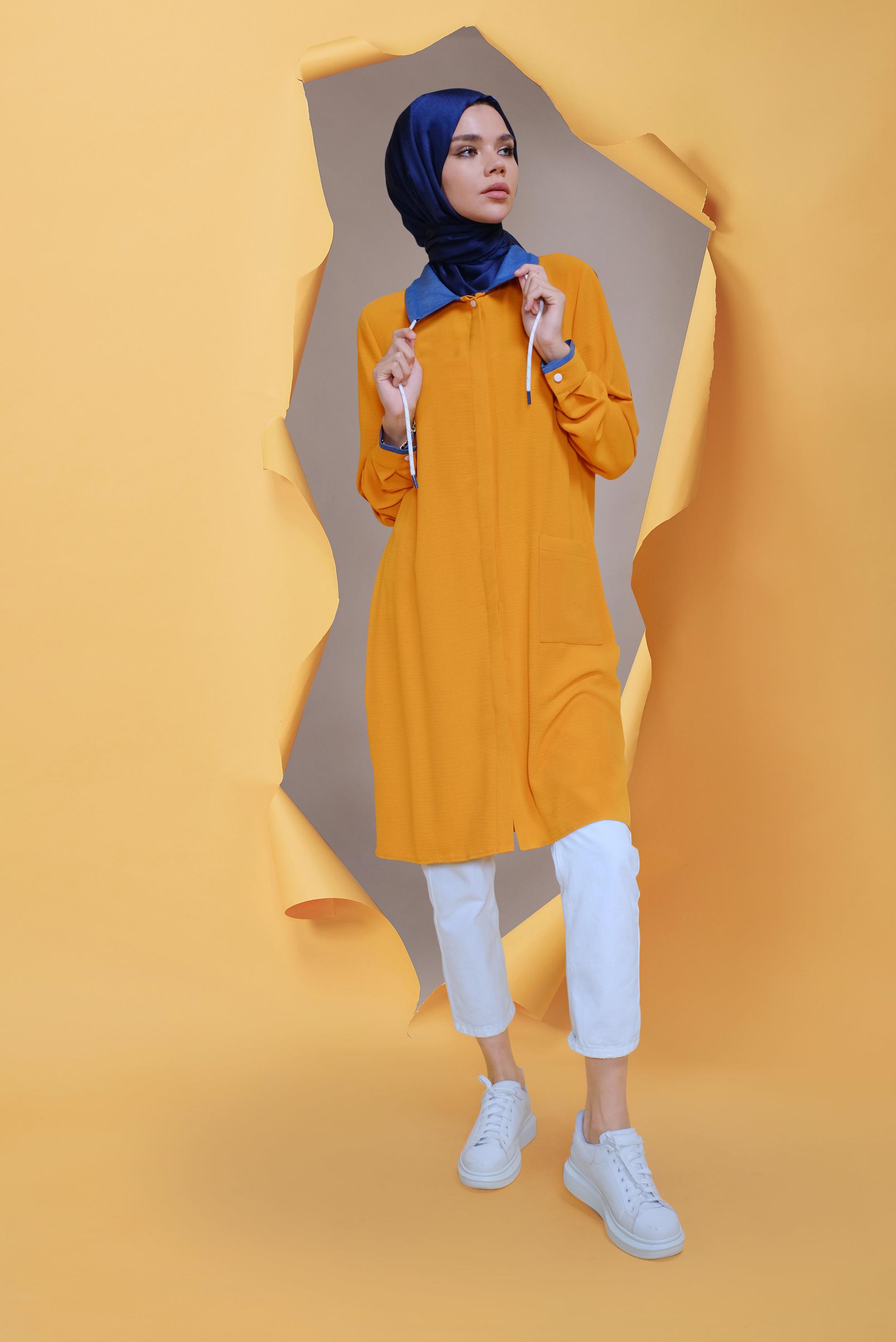 Tesettür giyim SARI GİZLİ DÜĞMELİ ÇITÇIT DETAYLI TUNİK 41686