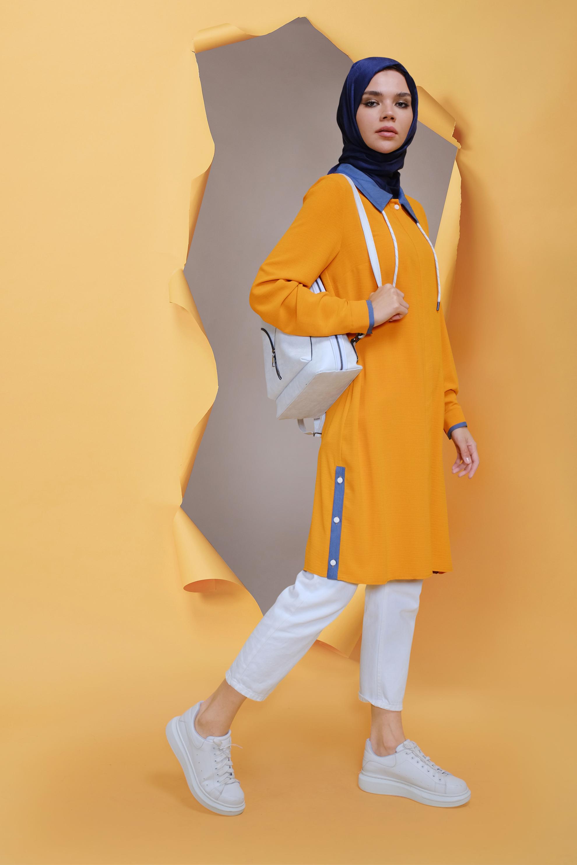 Tesettür giyim SARI GİZLİ DÜĞMELİ ÇITÇIT DETAYLI TUNİK 41686