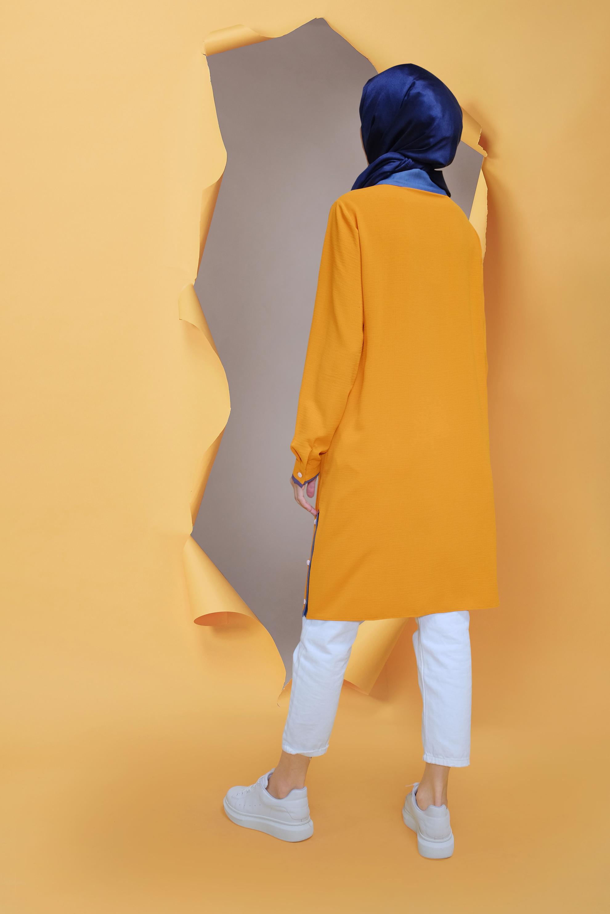 Tesettür giyim SARI GİZLİ DÜĞMELİ ÇITÇIT DETAYLI TUNİK 41686